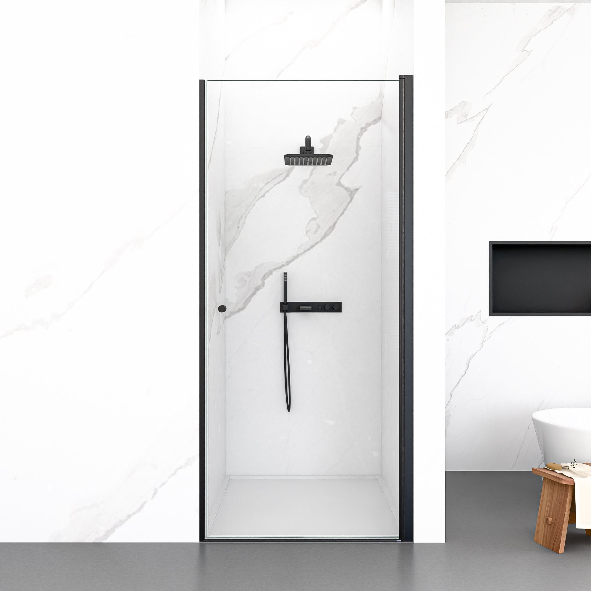 24" W x 72" H Semi-Frameless Circular Pivot Shower Door in Matte Black With 1/4" (6mm) Thick SGCC Tempered Glass