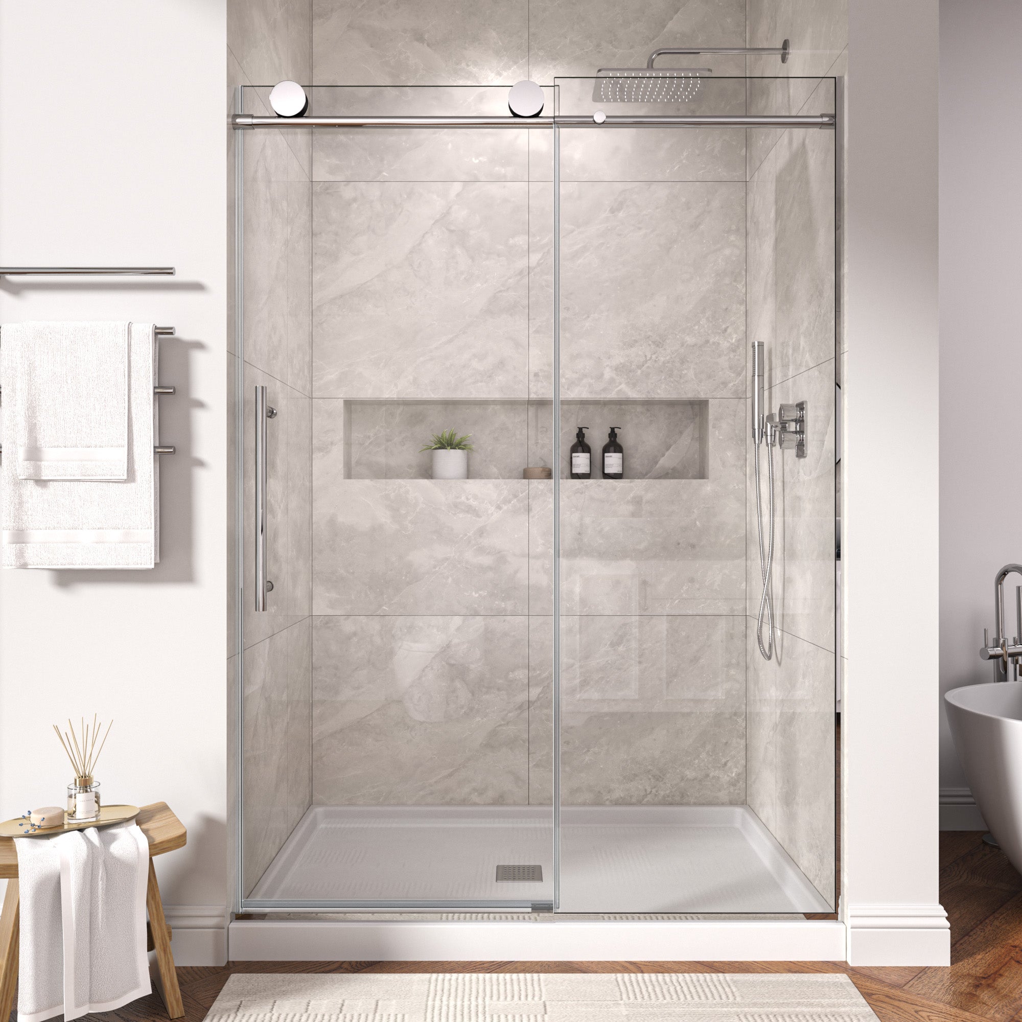 54 In. W X 74 In. H Single Sliding Frameless Shower Door In Chrome With Clear 5/16 In. Glass ARO-TT03-5474