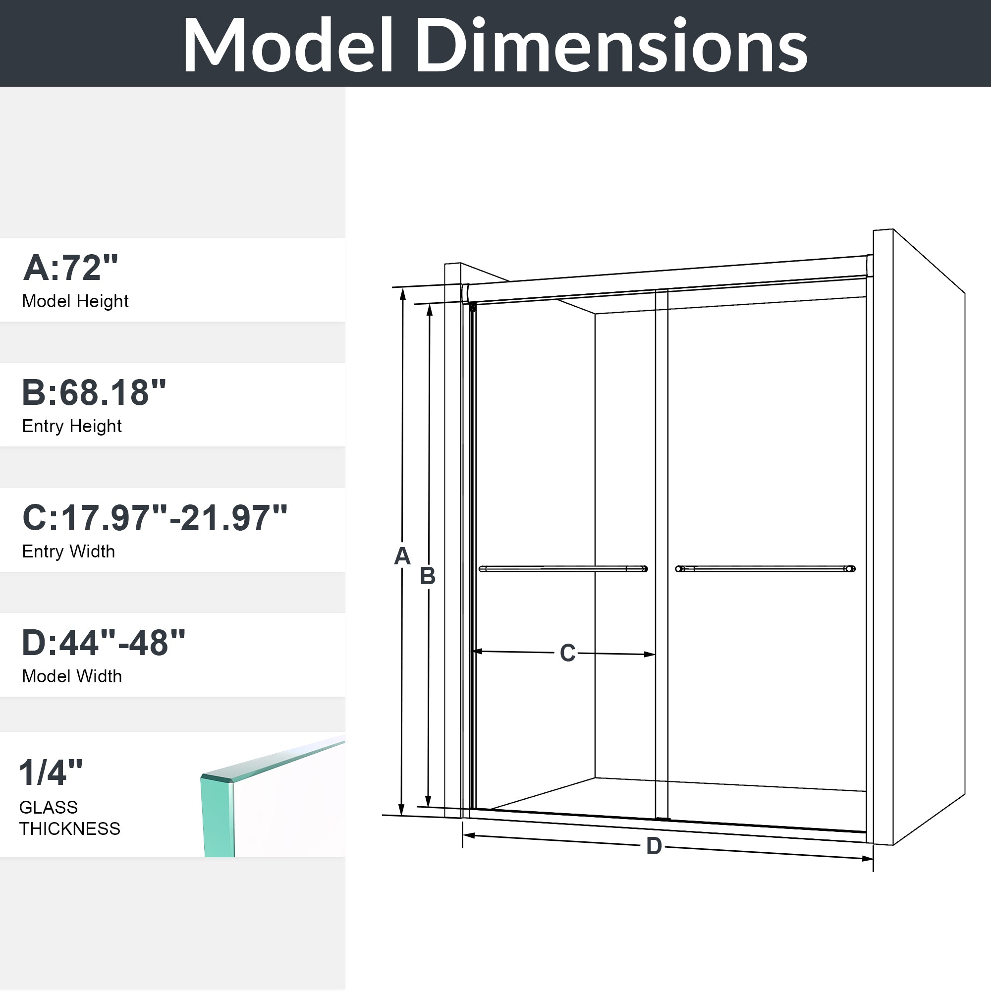 44"-48"W*72" H Semi-Frameless Double Sliding Shower Door, Bypass Shower Door, 1/4" (6mm) Thick SGCC Tempered Glass Door