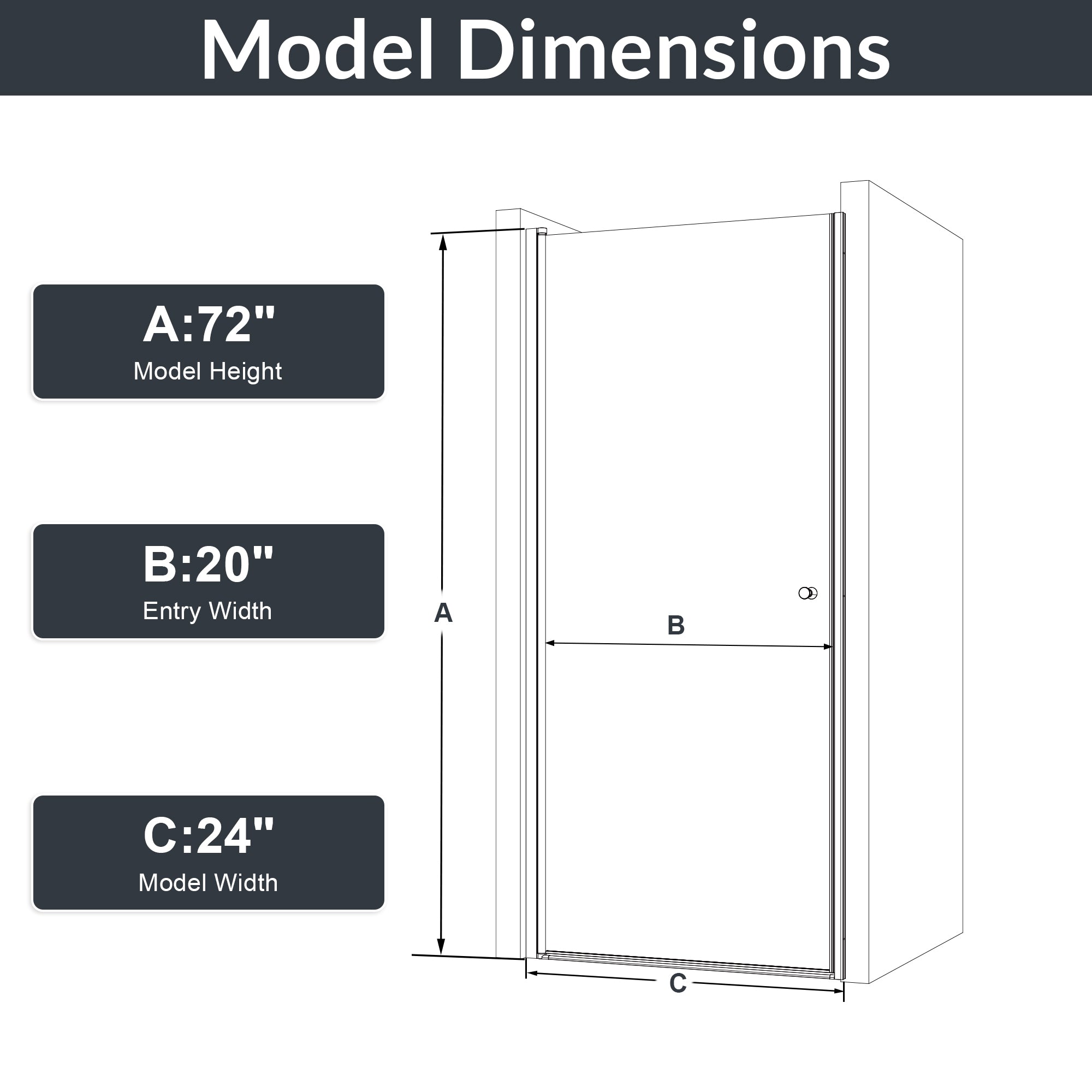 24" W x 72" H Semi-Frameless Circular Pivot Shower Door in Matte Black With 1/4" (6mm) Thick SGCC Tempered Glass
