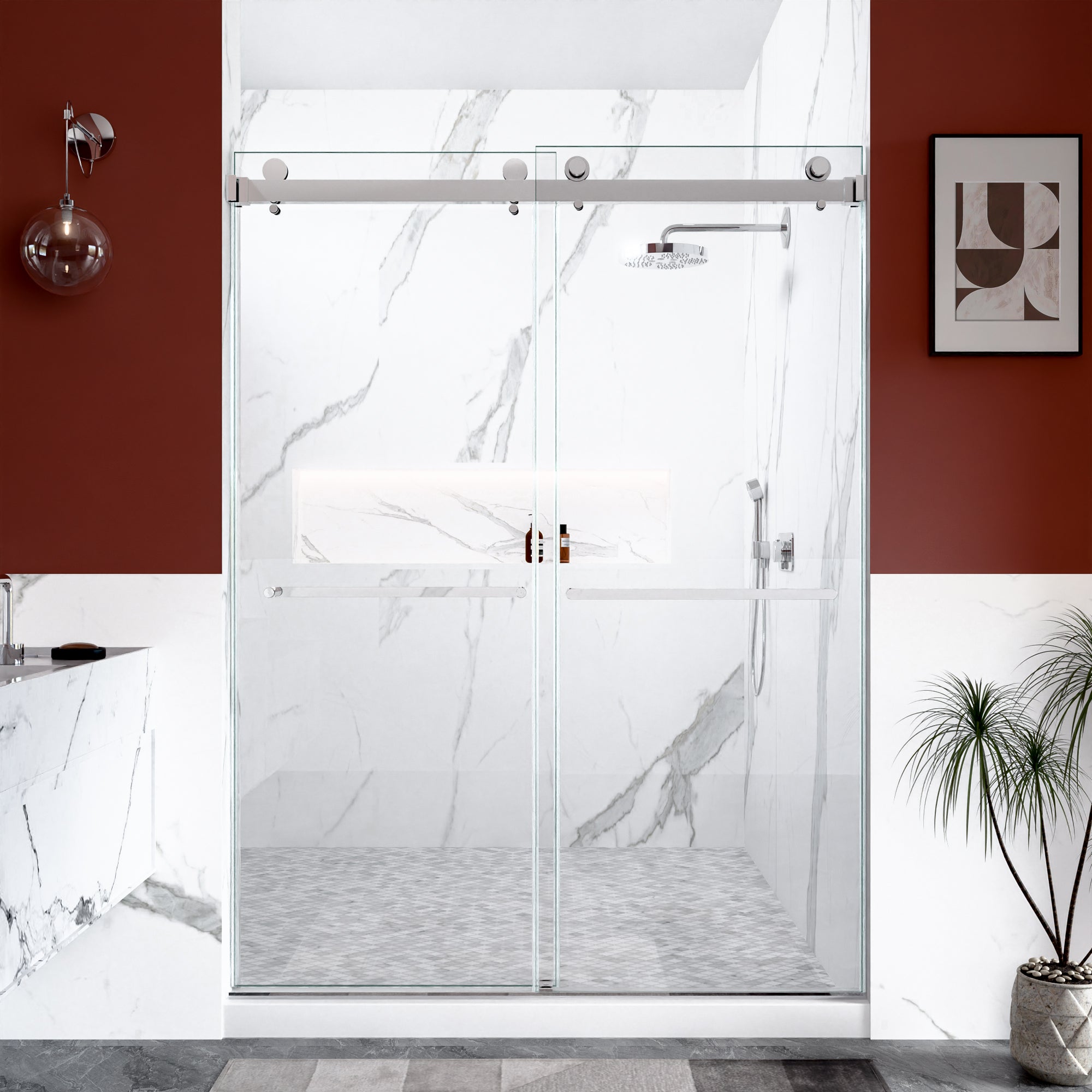 56"-60"W x 80"H Frameless Double Sliding Shower Door, 3/8 inches (10mm) Thick SGCC Tempered Glass Door, Chrome