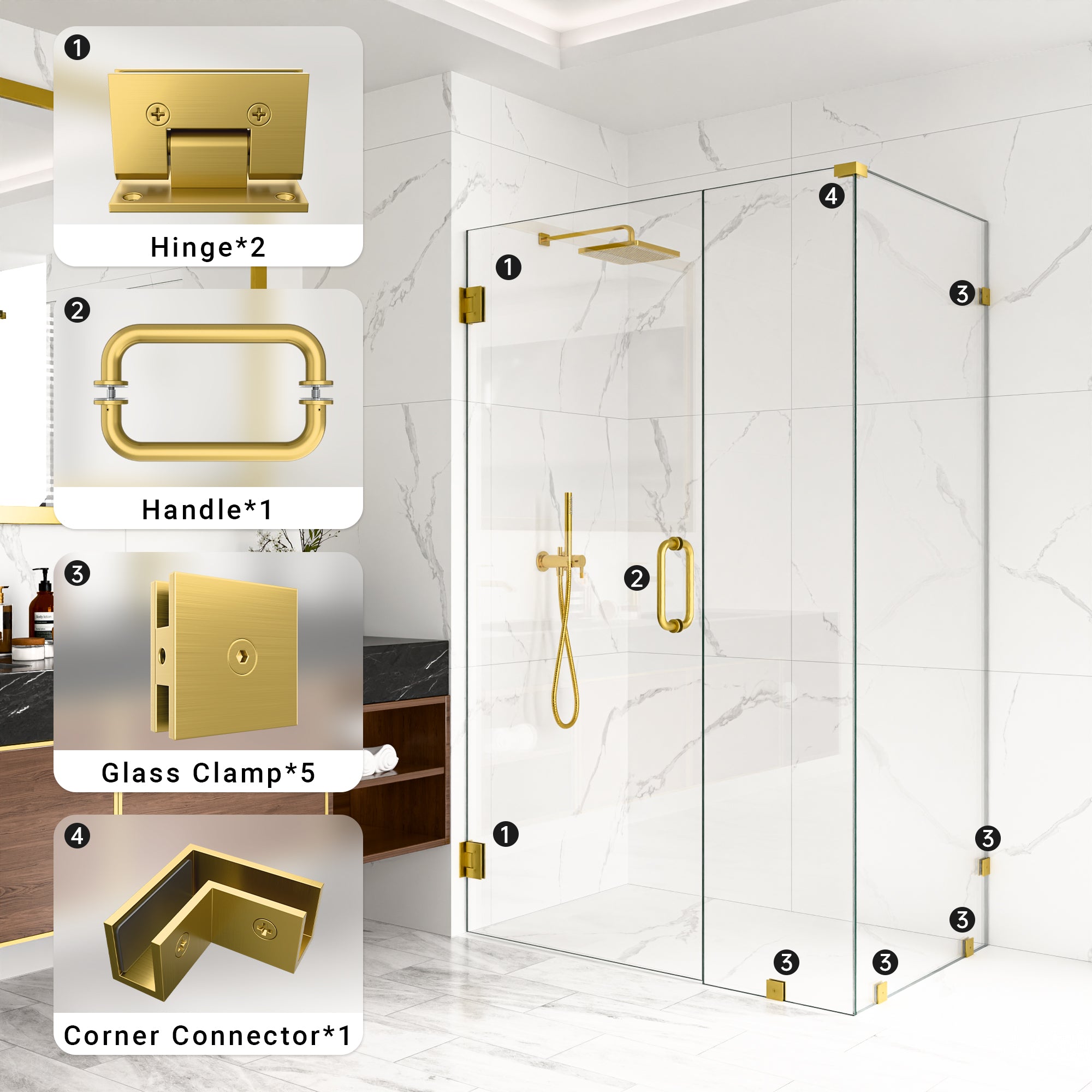 Hardware Kit for Frameless Corner Hinged Shower Enclosure | FHKIT