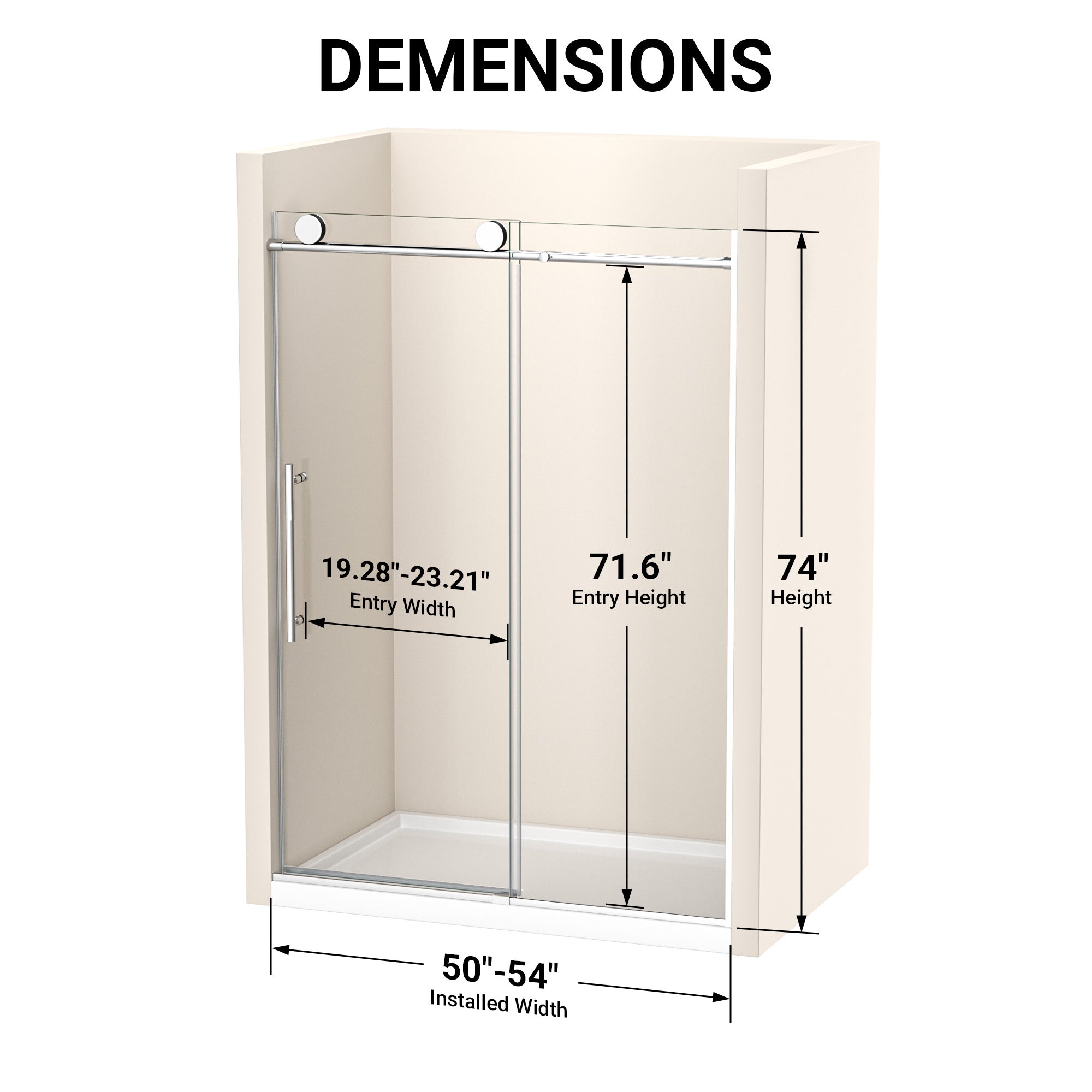 54 In. W X 74 In. H Single Sliding Frameless Shower Door In Chrome With Clear 5/16 In. Glass ARO-TT03-5474