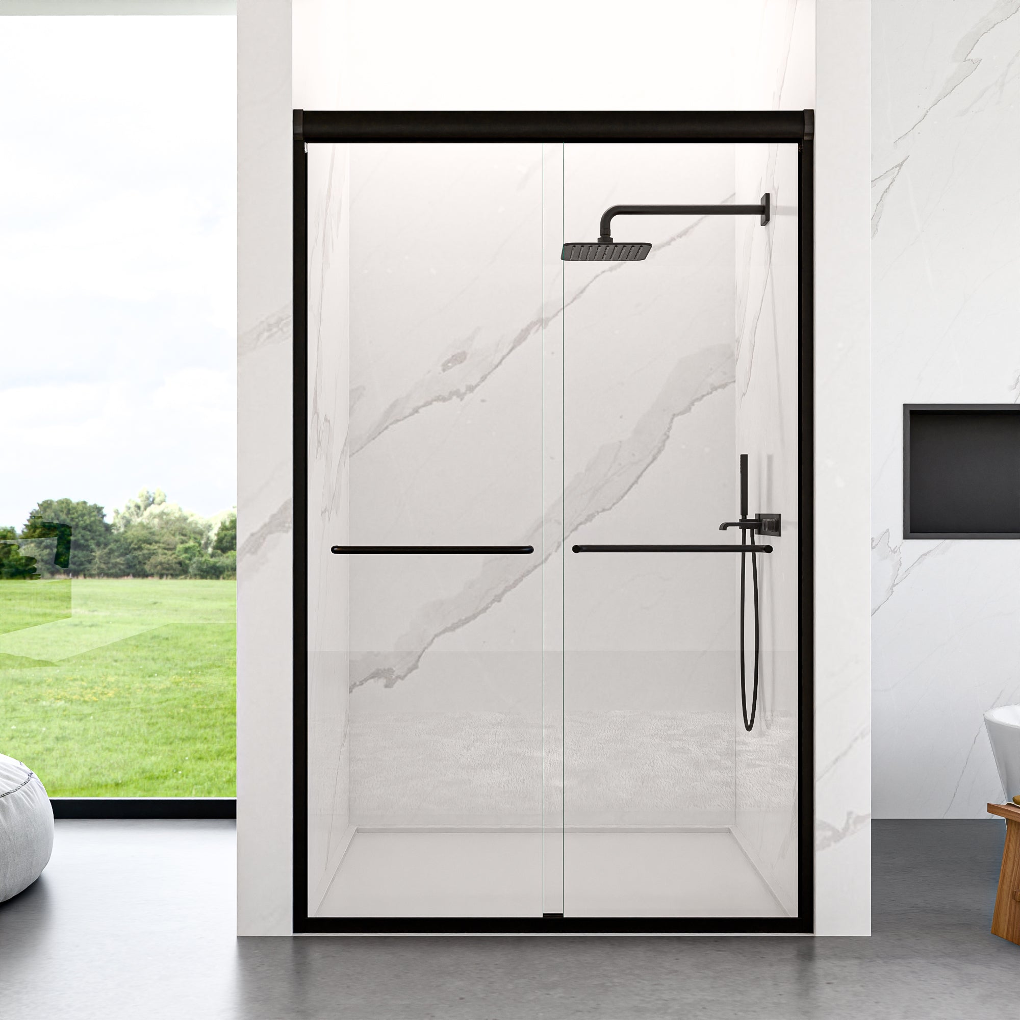 44"-48"W*72" H Semi-Frameless Double Sliding Shower Door, Bypass Shower Door, 1/4" (6mm) Thick SGCC Tempered Glass Door