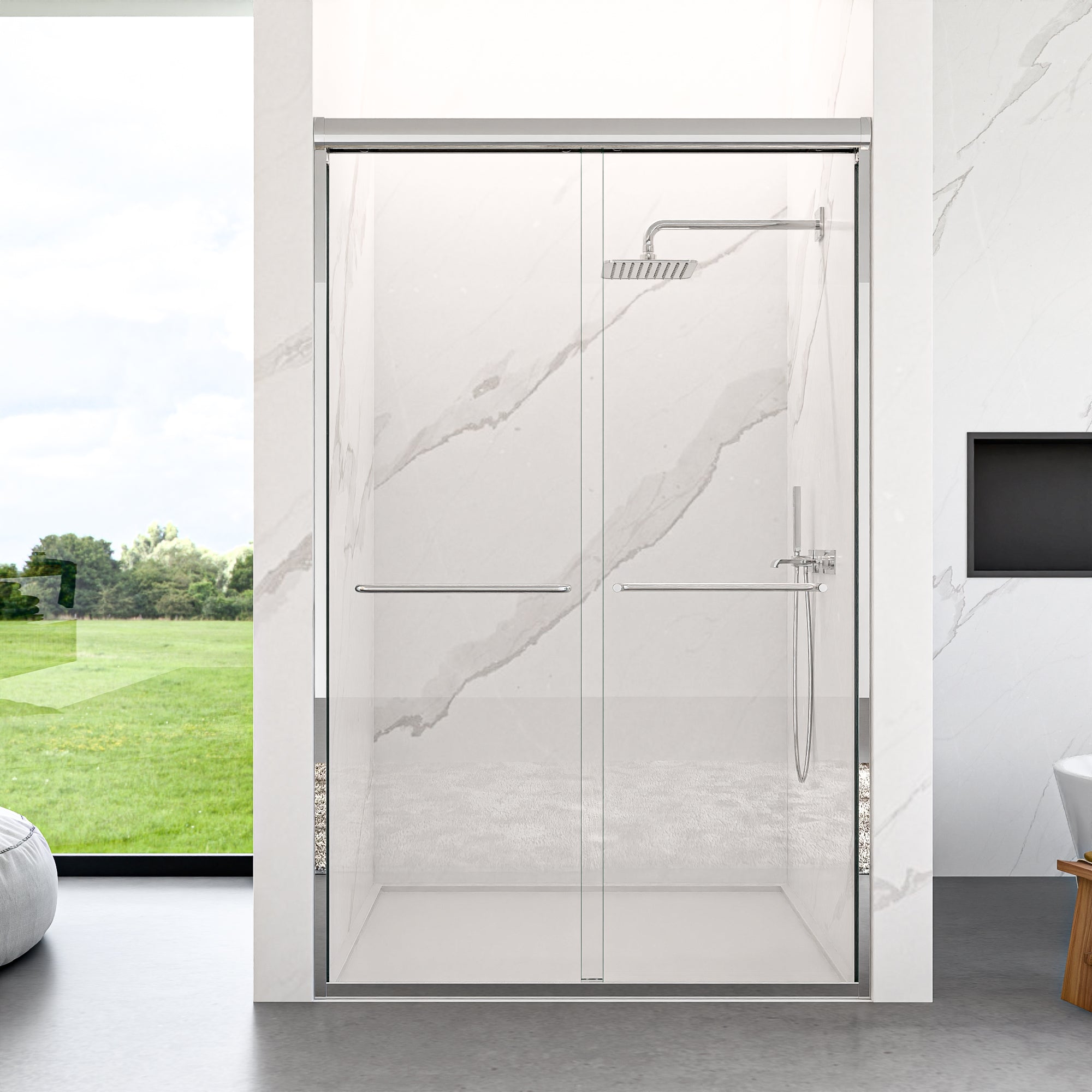 44"-48"W*72" H Semi-Frameless Double Sliding Shower Door, Bypass Shower Door, 1/4" (6mm) Thick SGCC Tempered Glass Door