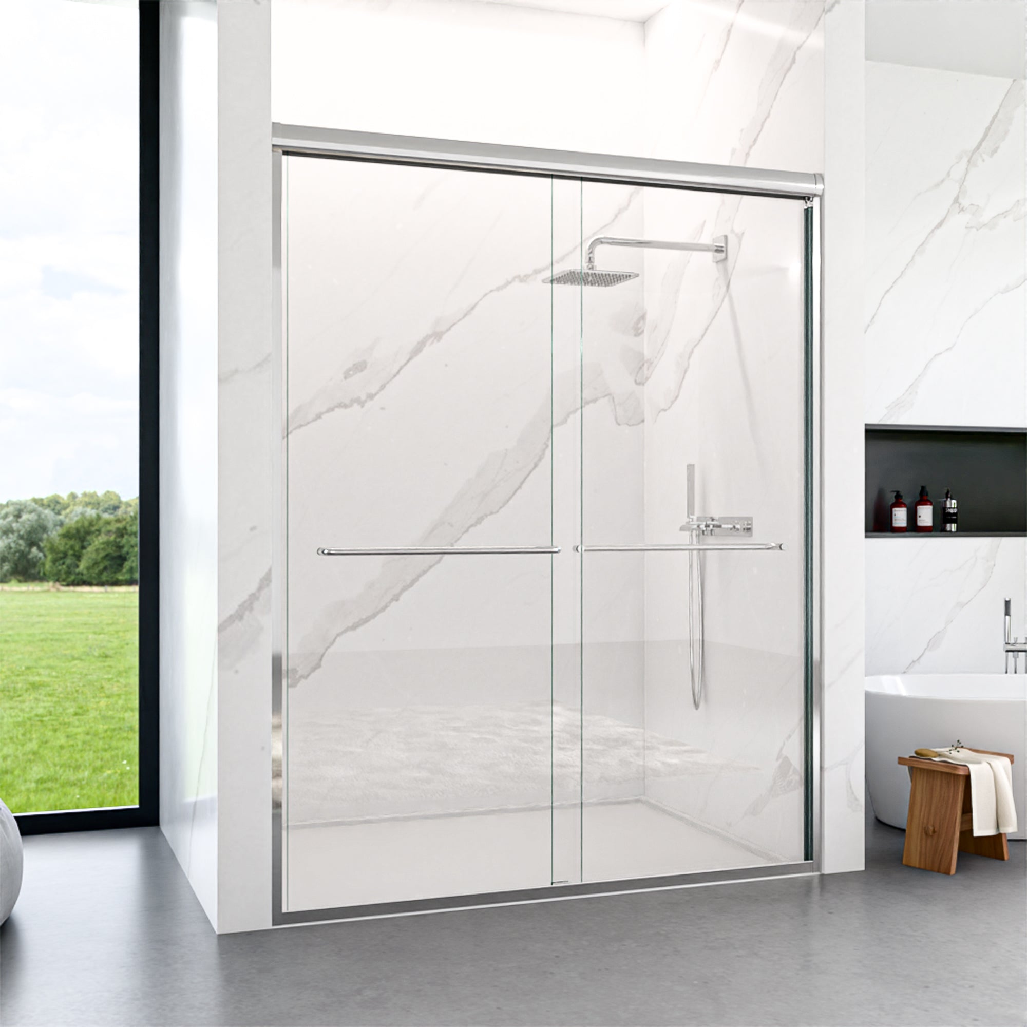56"-60"W*72" H Semi-Frameless Double Sliding Shower Door, Bypass Shower Door, 1/4" (6mm) Thick SGCC Tempered Glass Door