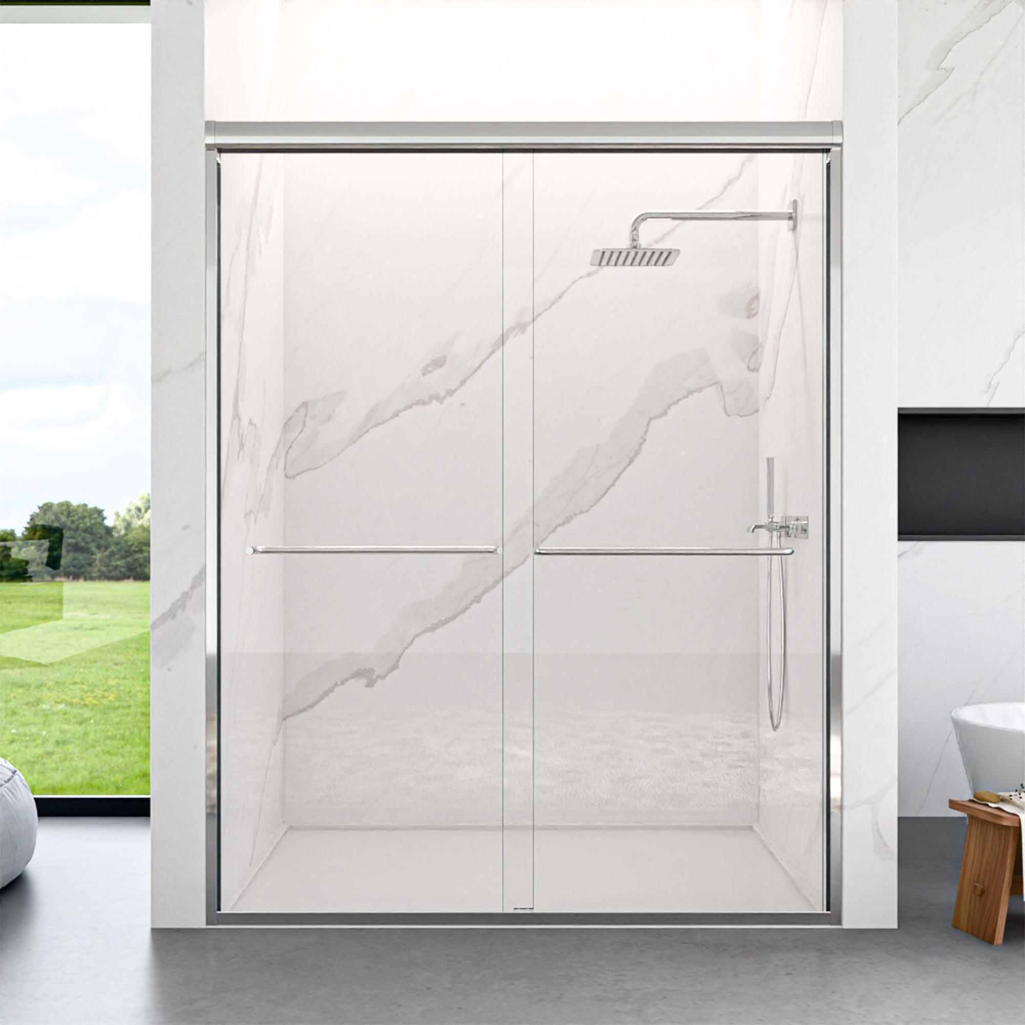 56"-60"W*72" H Semi-Frameless Double Sliding Shower Door, Bypass Shower Door, 1/4" (6mm) Thick SGCC Tempered Glass Door