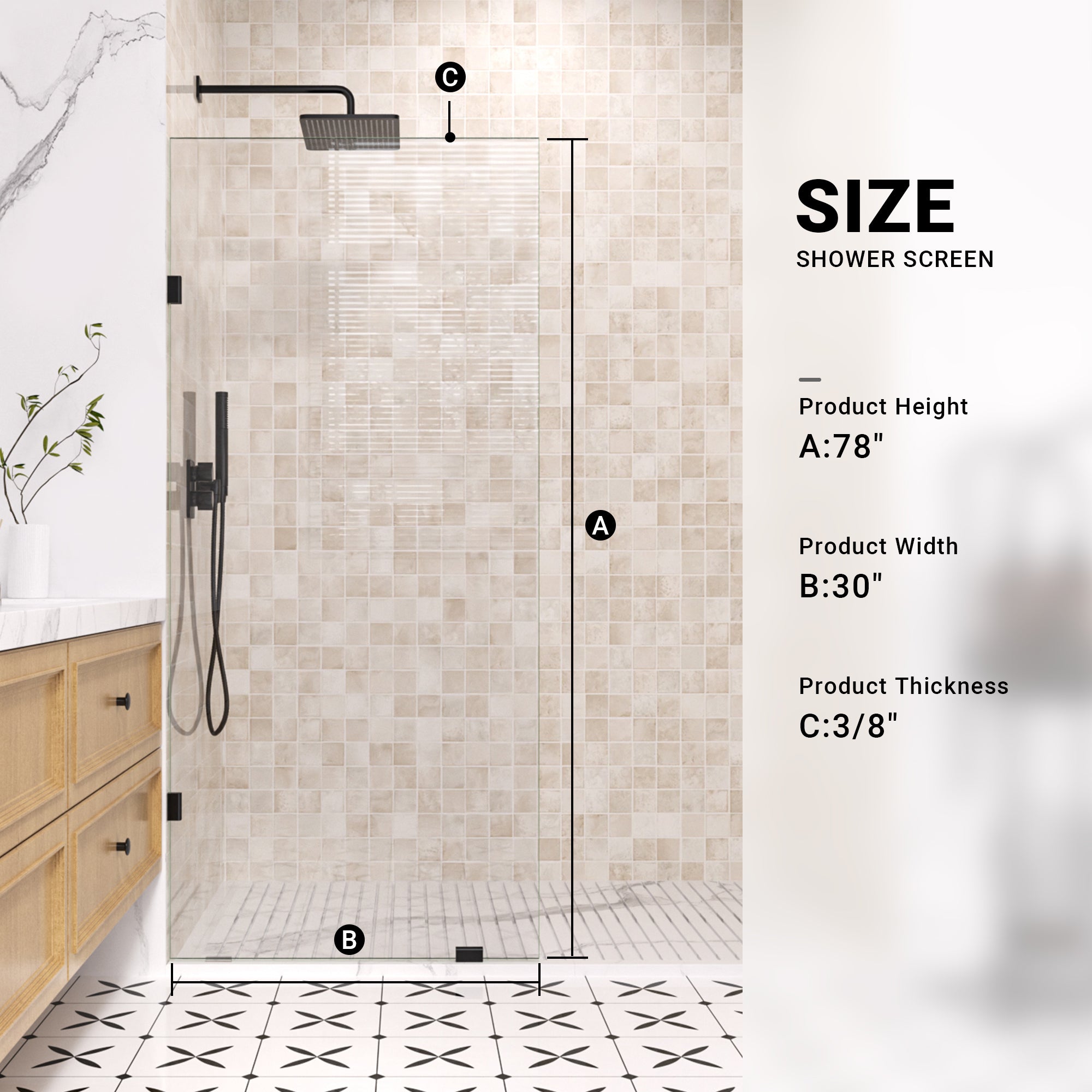 30"W *78"H Easyclean Fixed Shower Panel - Quickmount Shower Screen, 10mm(3/8'') Tempered Glass ARO-SFP-3078