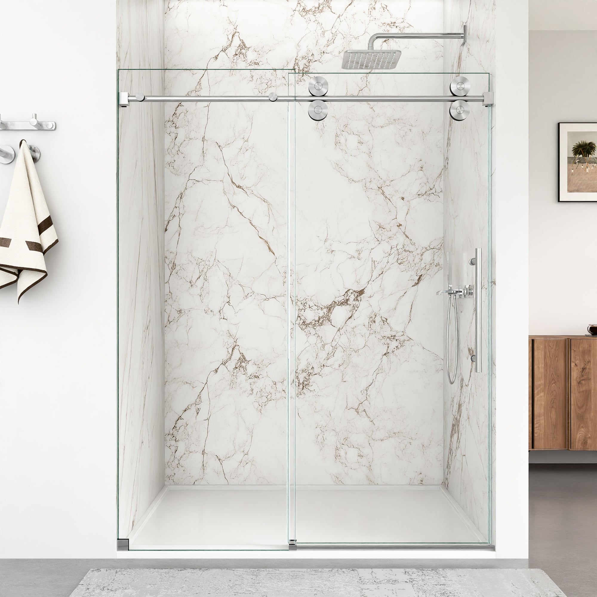 56"-60"W x 72"H Frameless Single Sliding Shower Door – 5/16" (8mm) Clear Tempered Glass, Bypass Design