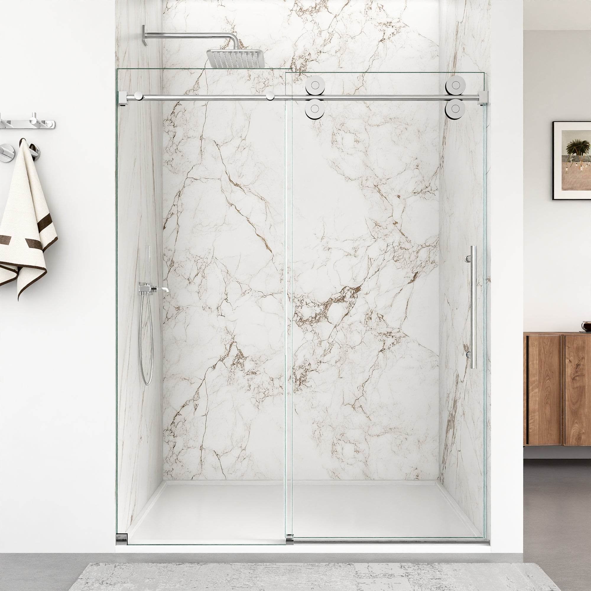 56"-60"W x 72"H Frameless Single Sliding Shower Door – 5/16" (8mm) Clear Tempered Glass, Bypass Design