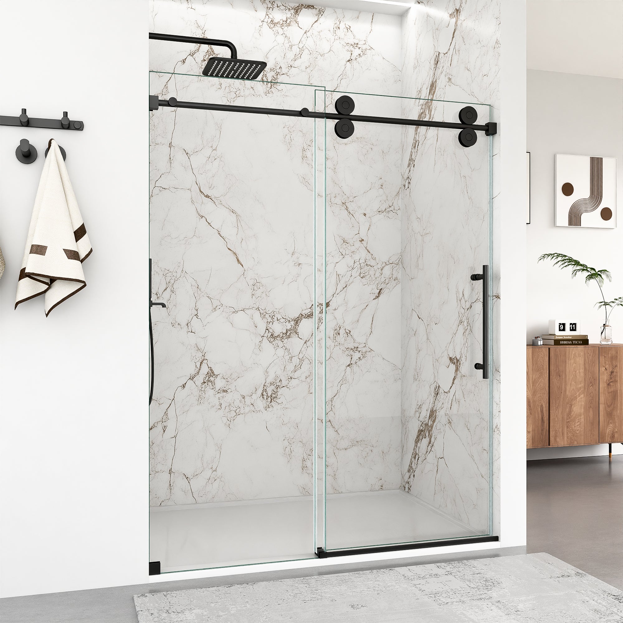 44"-48"W*76" H Frameless Single Sliding Shower Door – 5/16" (8mm) Clear Tempered Glass, Bypass Design