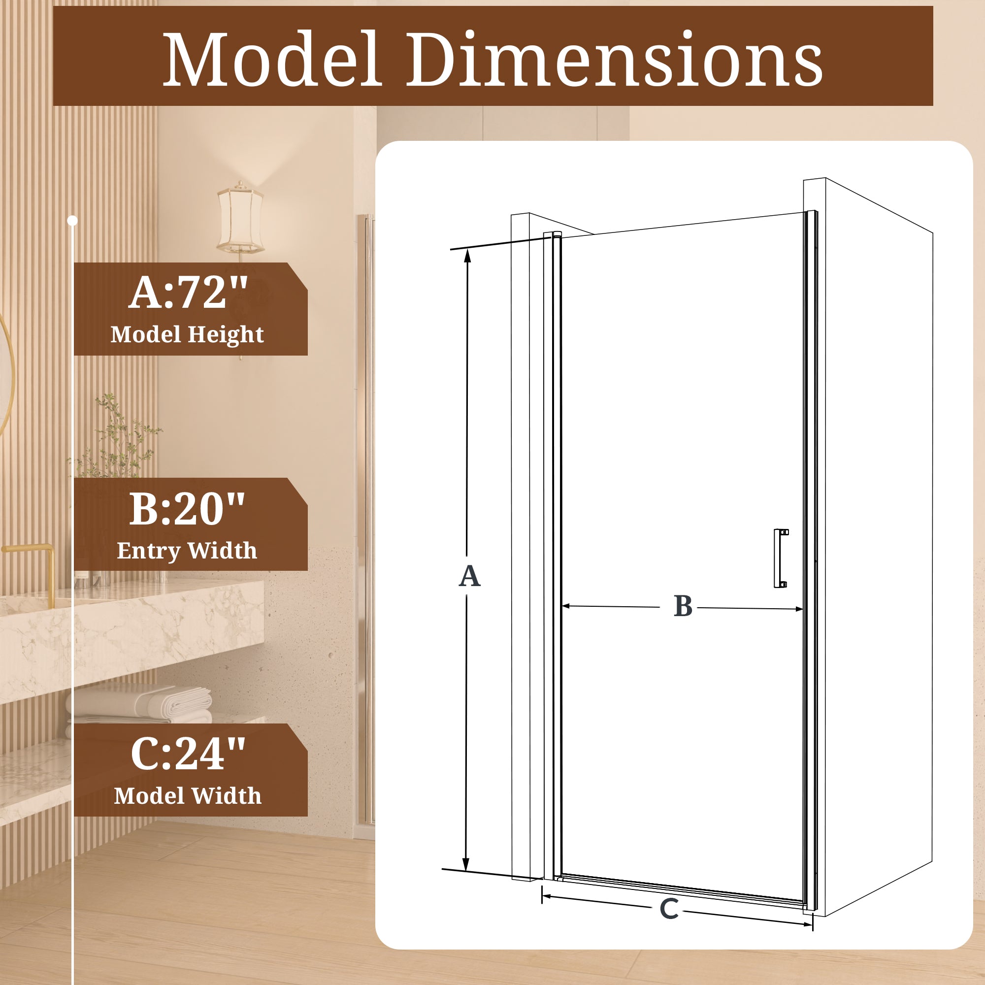 24" W x 72" H Semi-Frameless Circular Pivot Shower Door With 1/4" (6mm) Thick SGCC Tempered Glass
