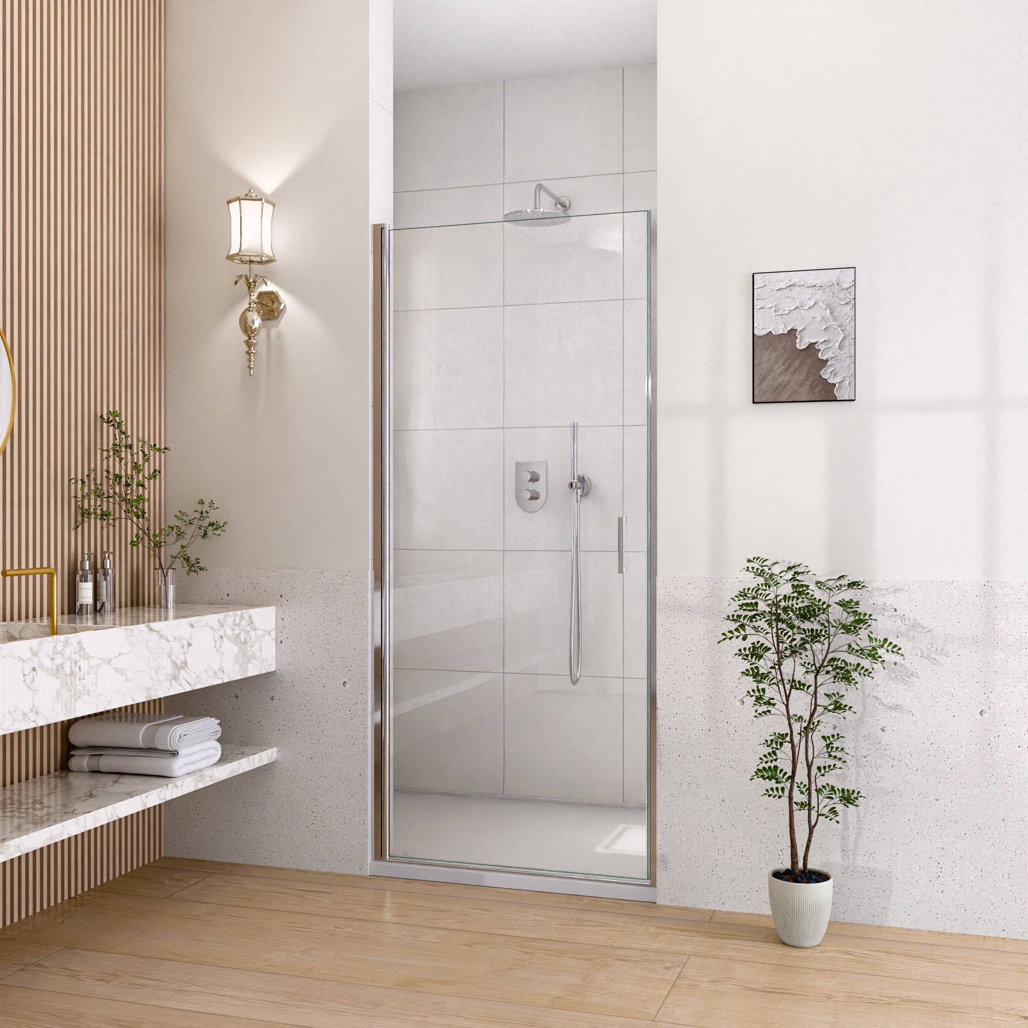 30" W x 72" H Semi-Frameless Circular Pivot Shower Door in Chrome With 1/4" (6mm) Thick SGCC Tempered Glass