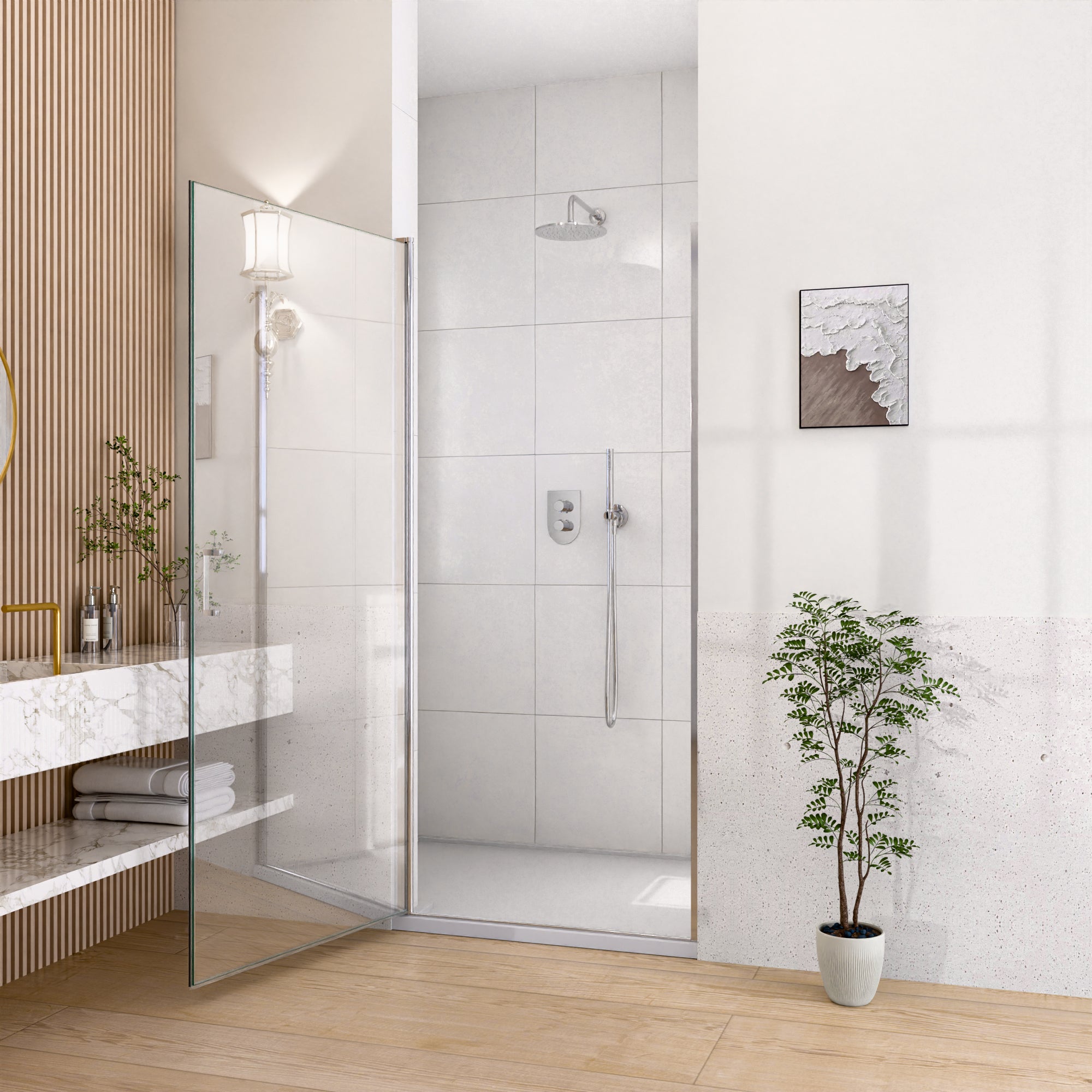34" W x 72" H Semi-Frameless Circular Pivot Shower Door With 1/4" (6mm) Thick SGCC Tempered Glass