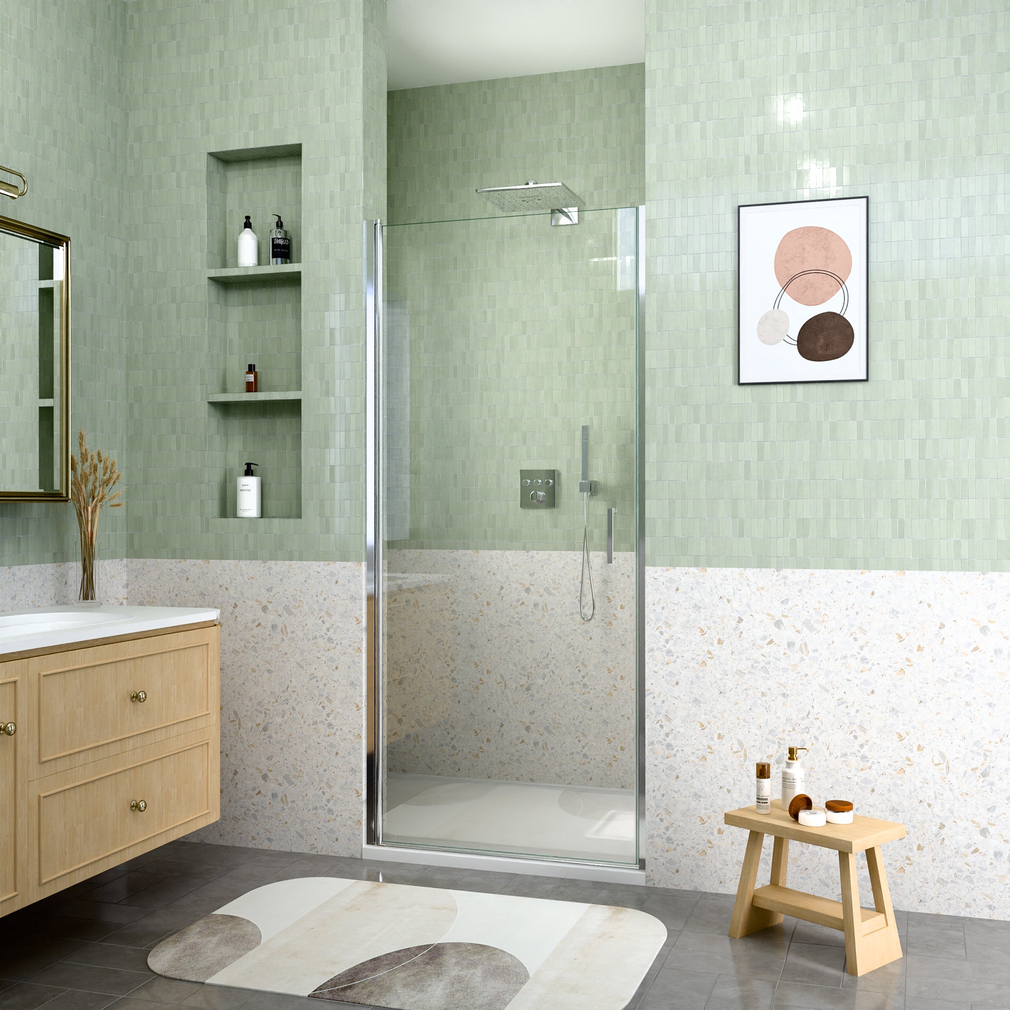 34" W x 72" H Semi-Frameless Circular Pivot Shower Door With 1/4" (6mm) Thick SGCC Tempered Glass