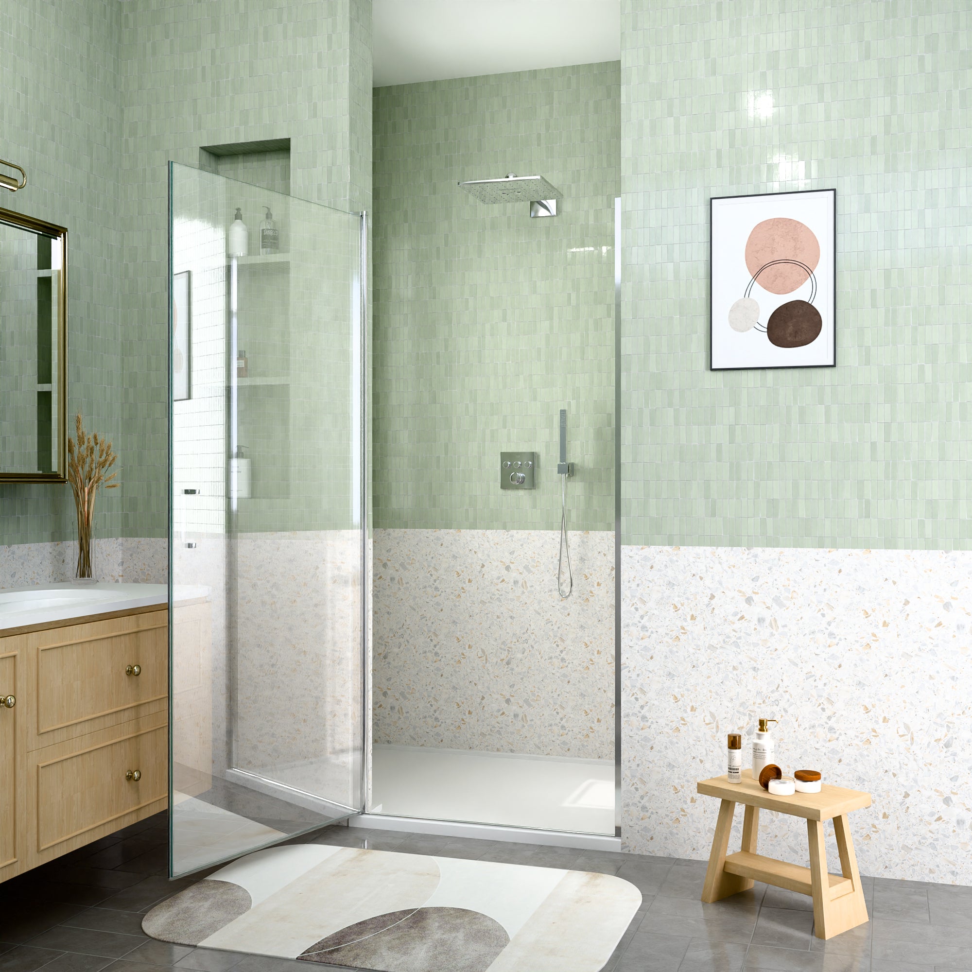 34" W x 72" H Semi-Frameless Circular Pivot Shower Door With 1/4" (6mm) Thick SGCC Tempered Glass