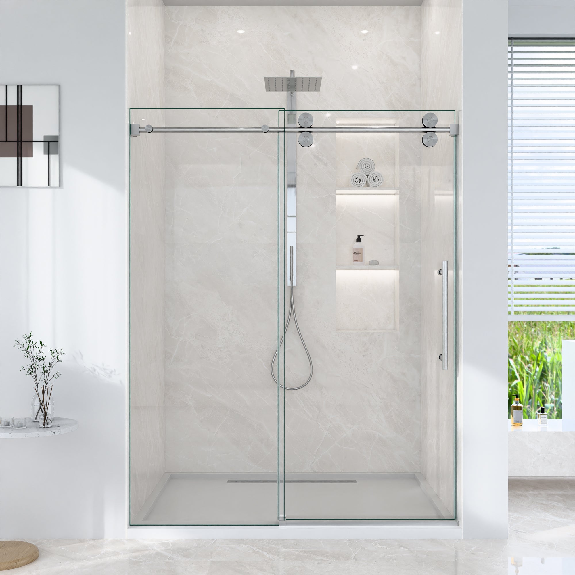 56"-60"W x 72"H Frameless Single Sliding Shower Door – 5/16" (8mm) Clear Tempered Glass, Bypass Design