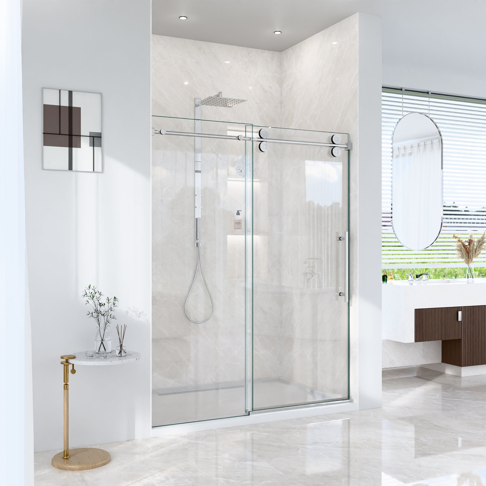44"-48"W*76" H Frameless Single Sliding Shower Door – 5/16" (8mm) Clear Tempered Glass, Bypass Design
