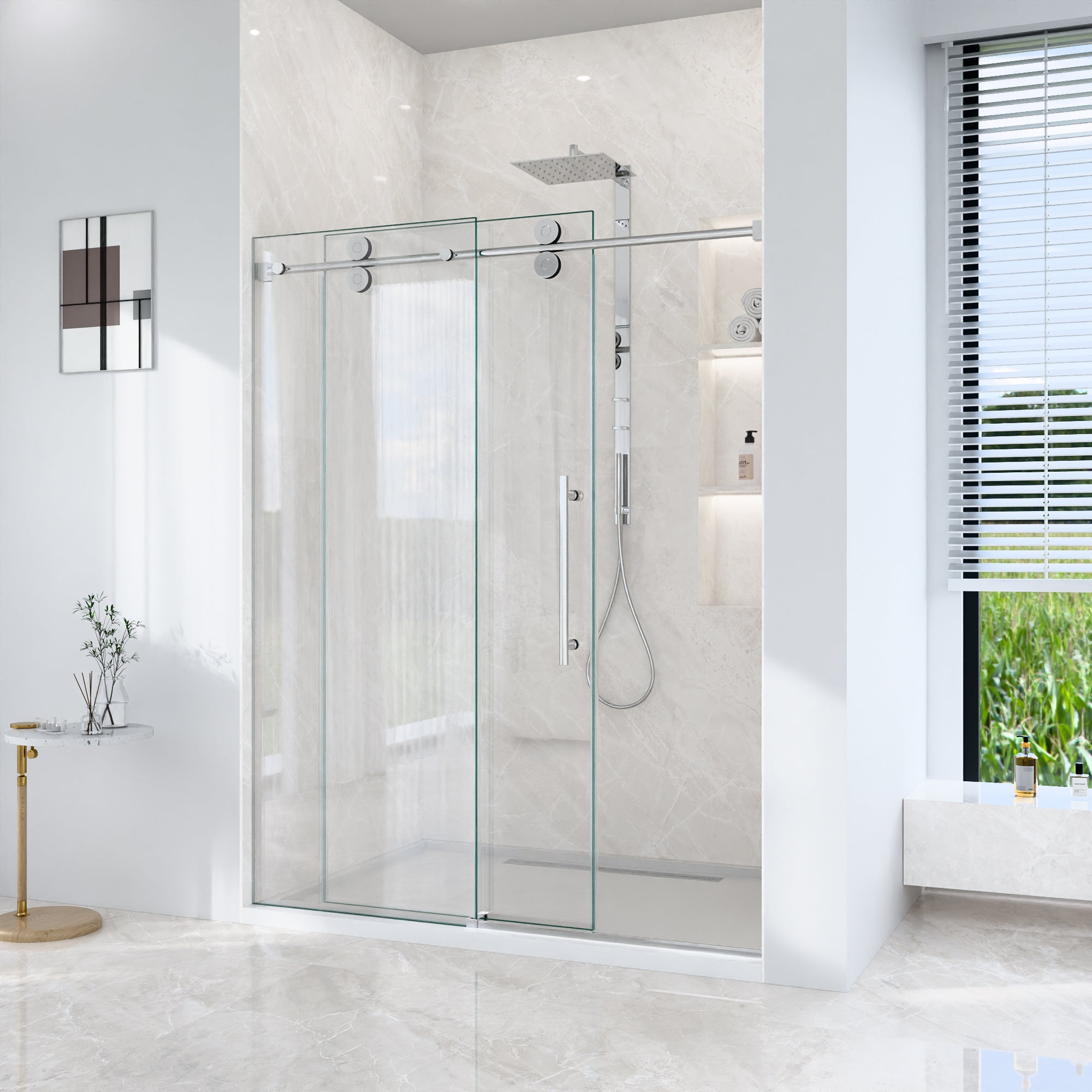 44"-48"W*76" H Frameless Single Sliding Shower Door – 5/16" (8mm) Clear Tempered Glass, Bypass Design