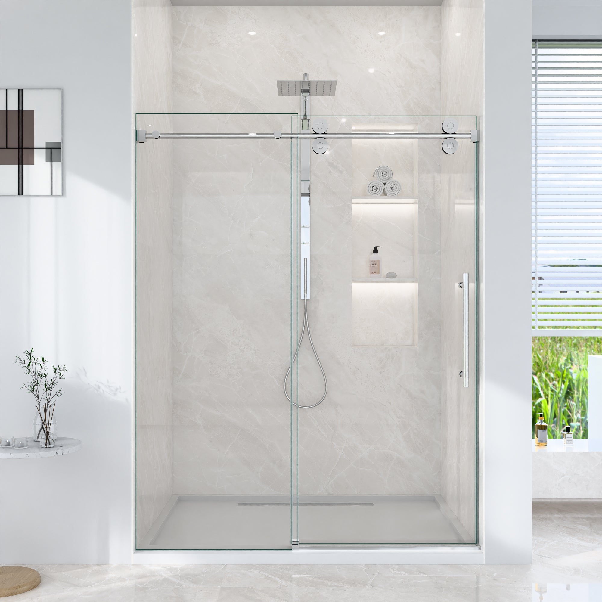 44"-48"W*76" H Frameless Single Sliding Shower Door – 5/16" (8mm) Clear Tempered Glass, Bypass Design