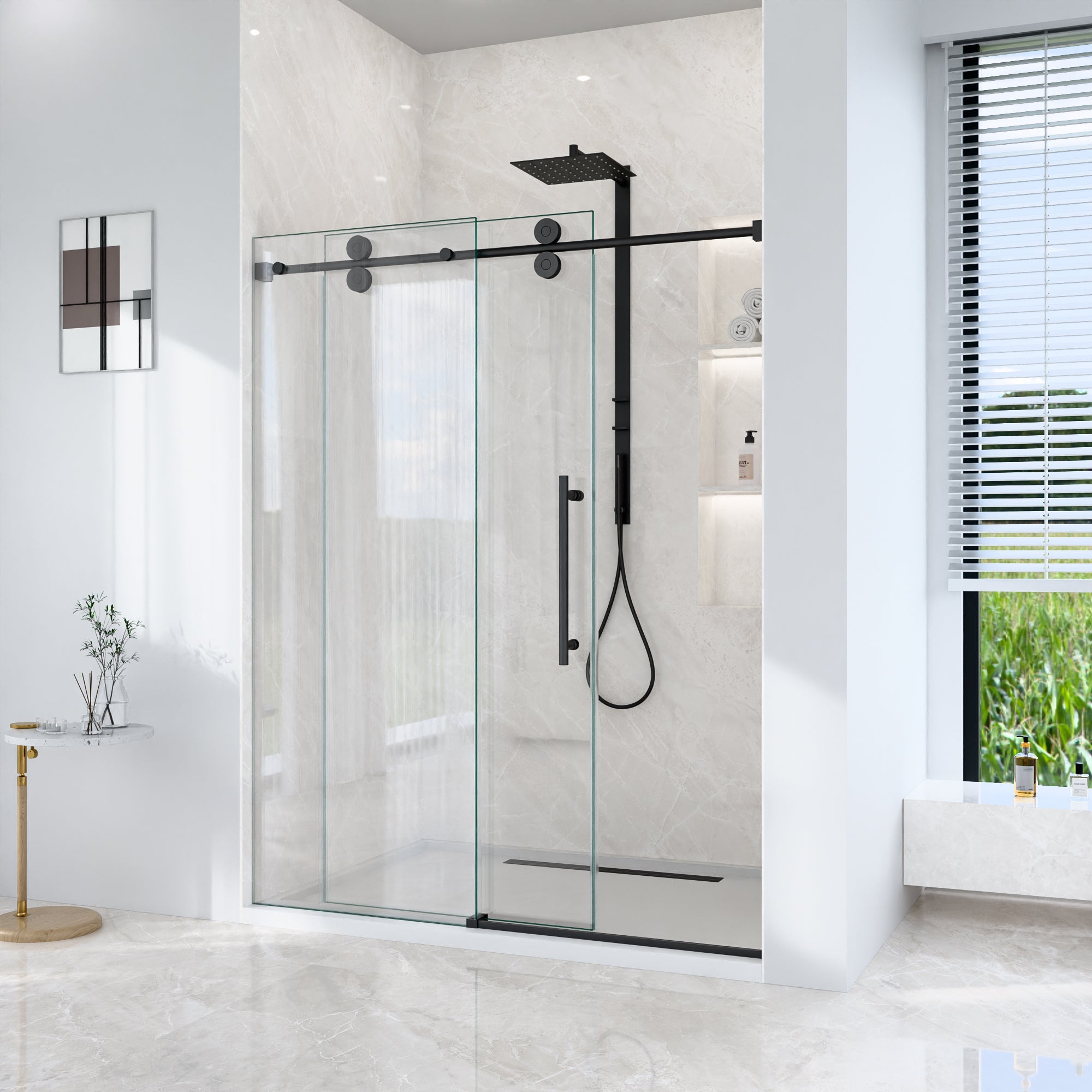 56"-60"W x 72"H Frameless Single Sliding Shower Door – 5/16" (8mm) Clear Tempered Glass, Bypass Design
