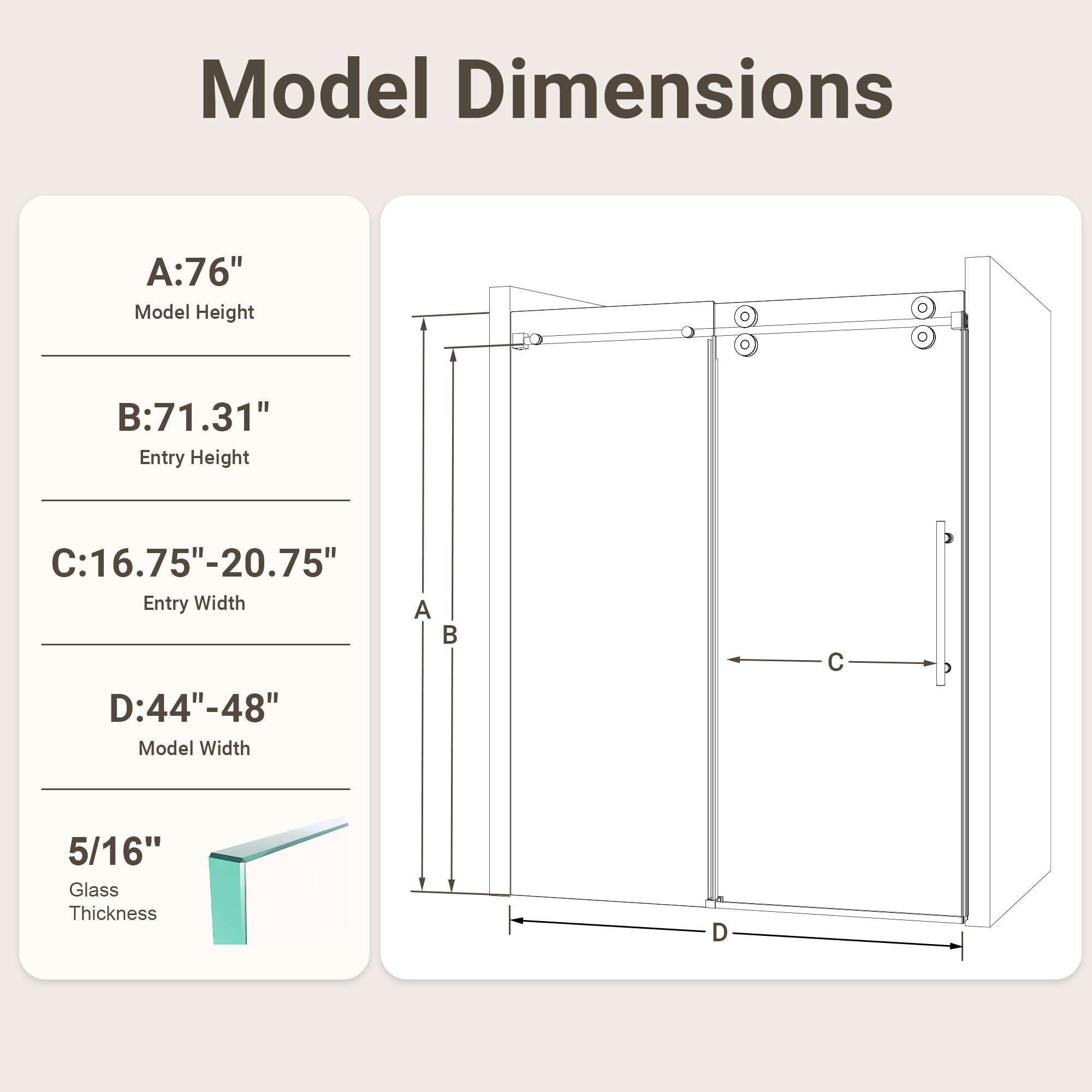 44"-48"W*76" H Frameless Single Sliding Shower Door – 5/16" (8mm) Clear Tempered Glass, Bypass Design