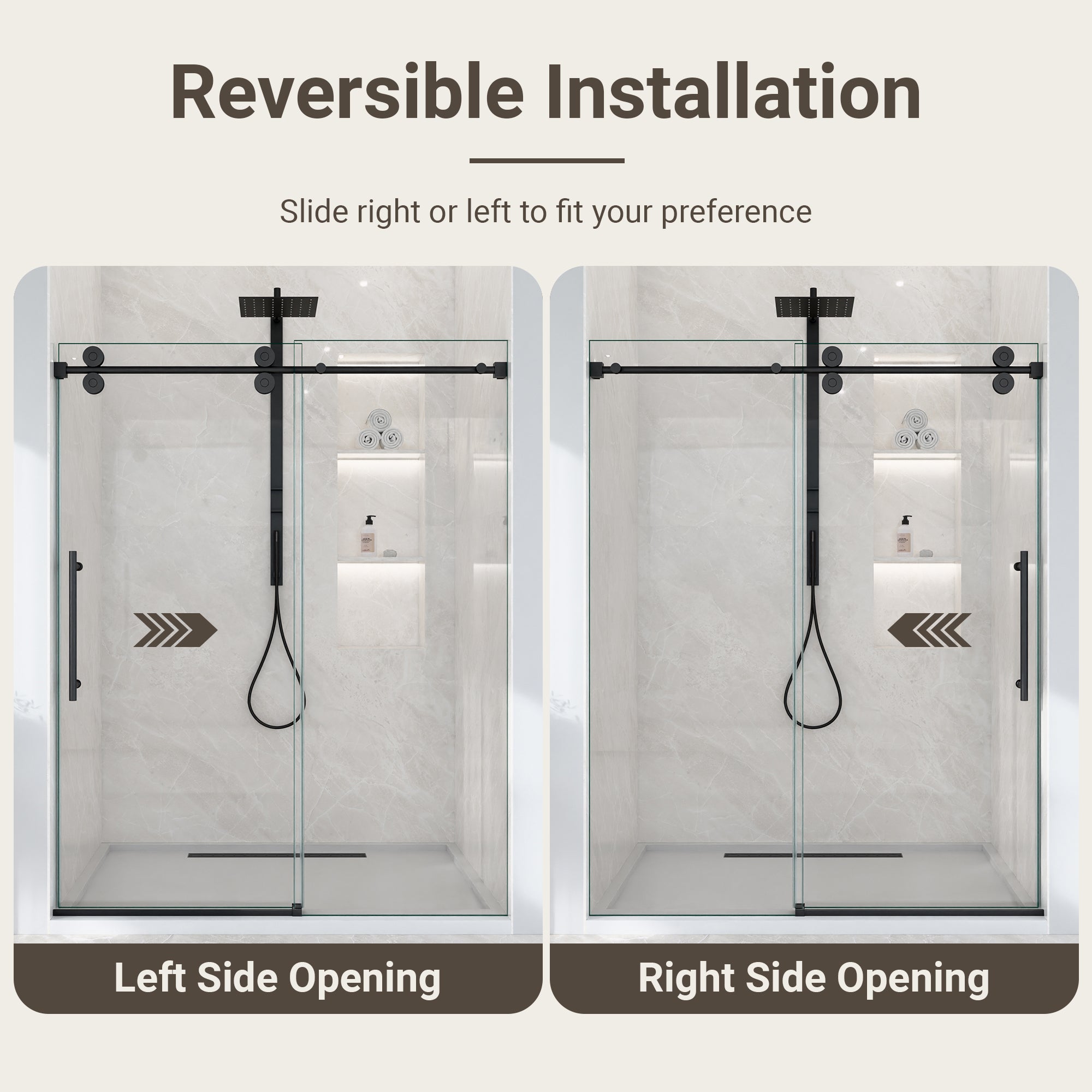 56"-60"W x 72"H Frameless Single Sliding Shower Door – 5/16" (8mm) Clear Tempered Glass, Bypass Design