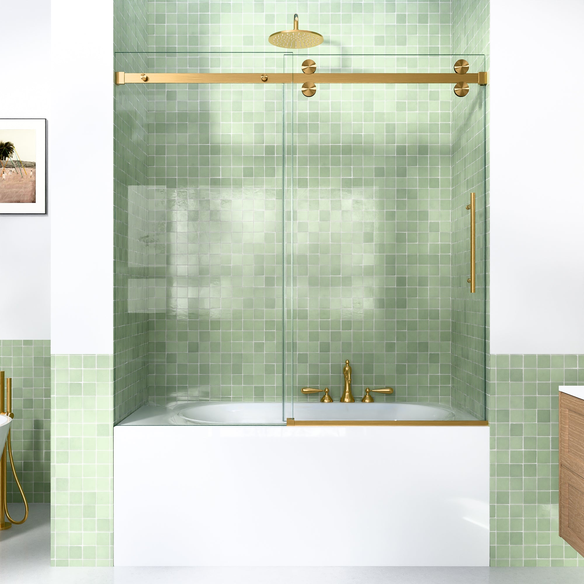 56-60"W x 60"H Frameless Double Sliding Tub Shower Door Enclosure, 5/16 inches (8mm) Thick SGCC Tempered Glass