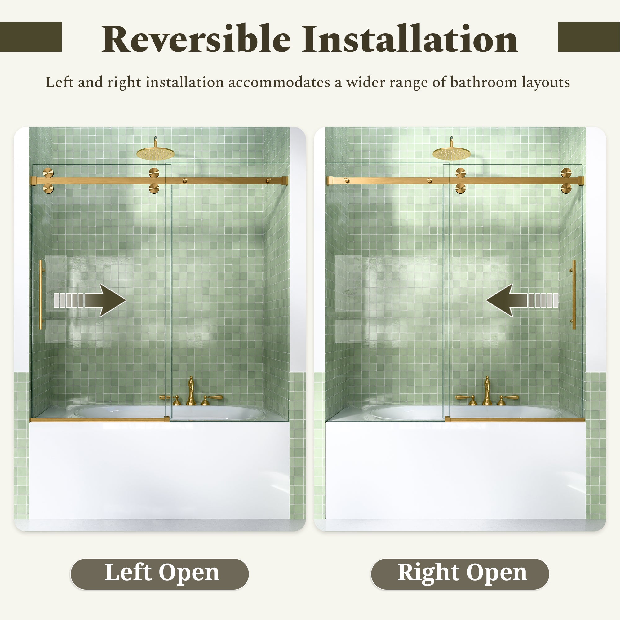 56-60"W x 60"H Frameless Double Sliding Tub Shower Door Enclosure, 5/16 inches (8mm) Thick SGCC Tempered Glass