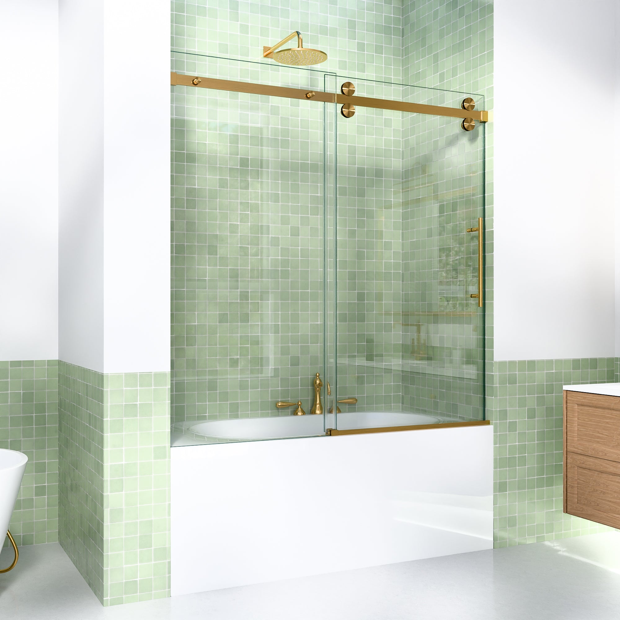 56-60"W x 60"H Frameless Double Sliding Tub Shower Door Enclosure, 5/16 inches (8mm) Thick SGCC Tempered Glass