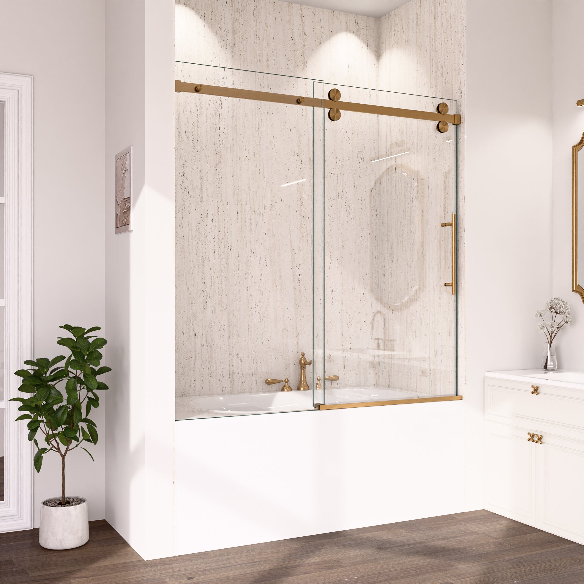 56-60"W x 60"H Frameless Double Sliding Tub Shower Door Enclosure, 5/16 inches (8mm) Thick SGCC Tempered Glass