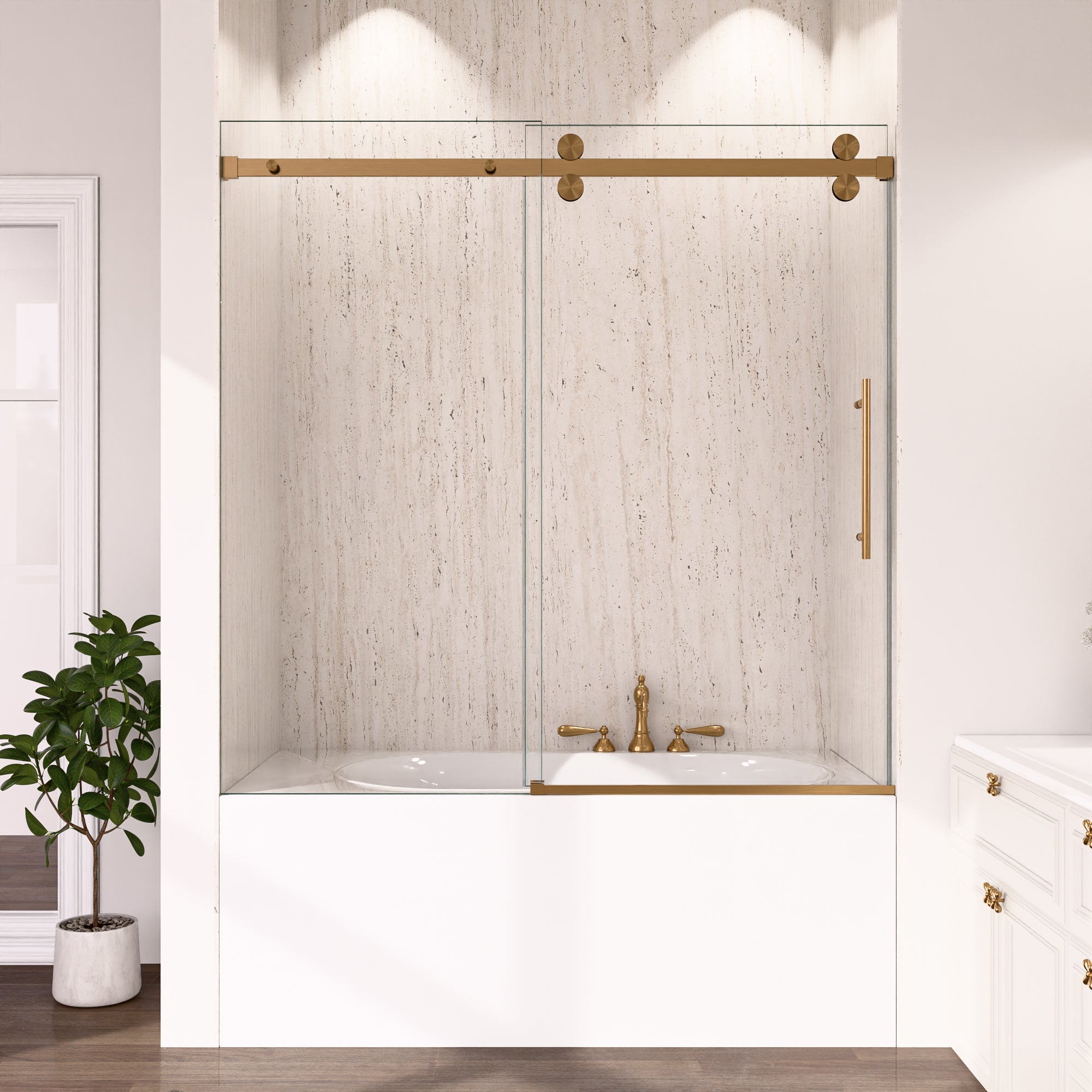 56-60"W x 60"H Frameless Double Sliding Tub Shower Door Enclosure, 5/16 inches (8mm) Thick SGCC Tempered Glass