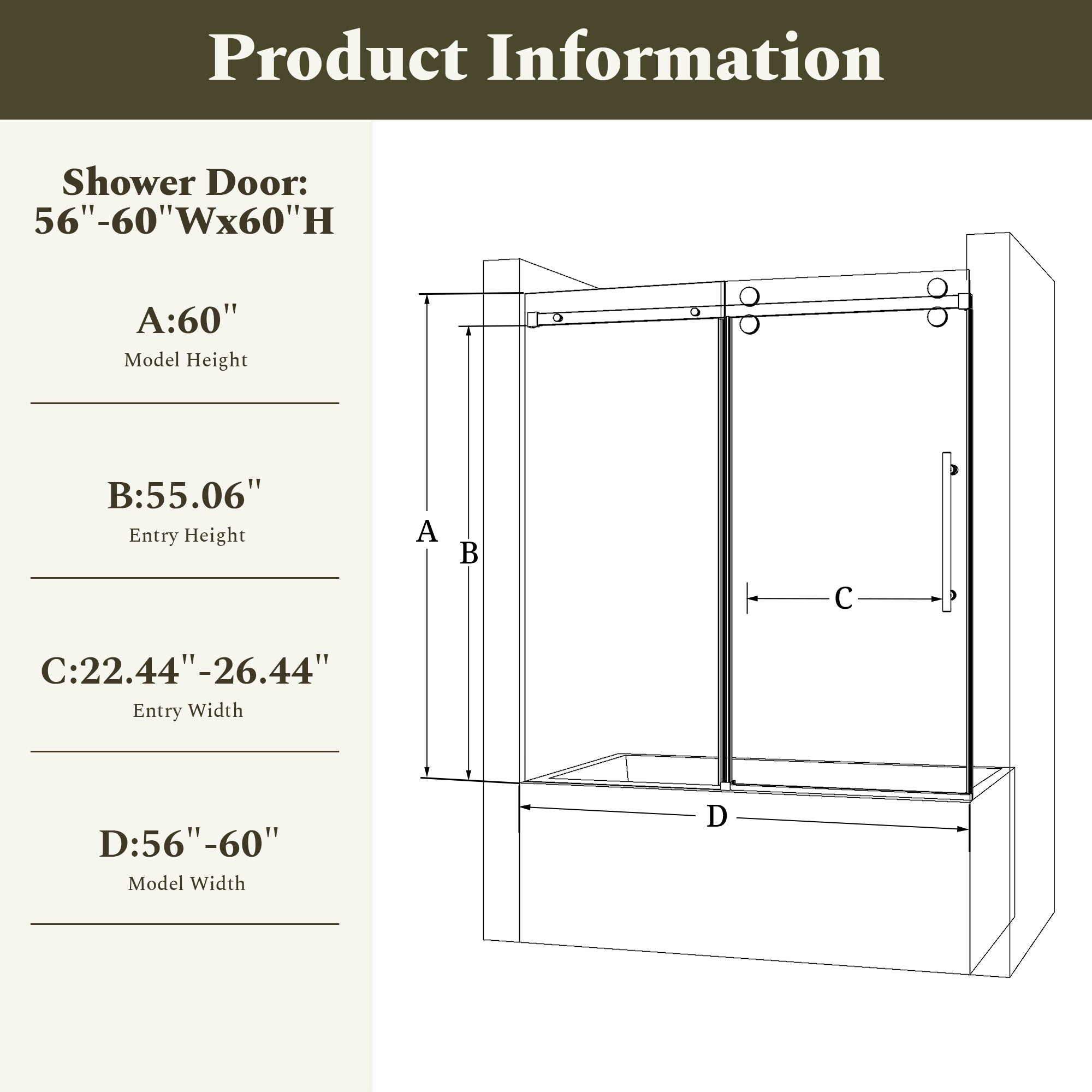 56-60"W x 60"H Frameless Double Sliding Tub Shower Door Enclosure, 5/16 inches (8mm) Thick SGCC Tempered Glass