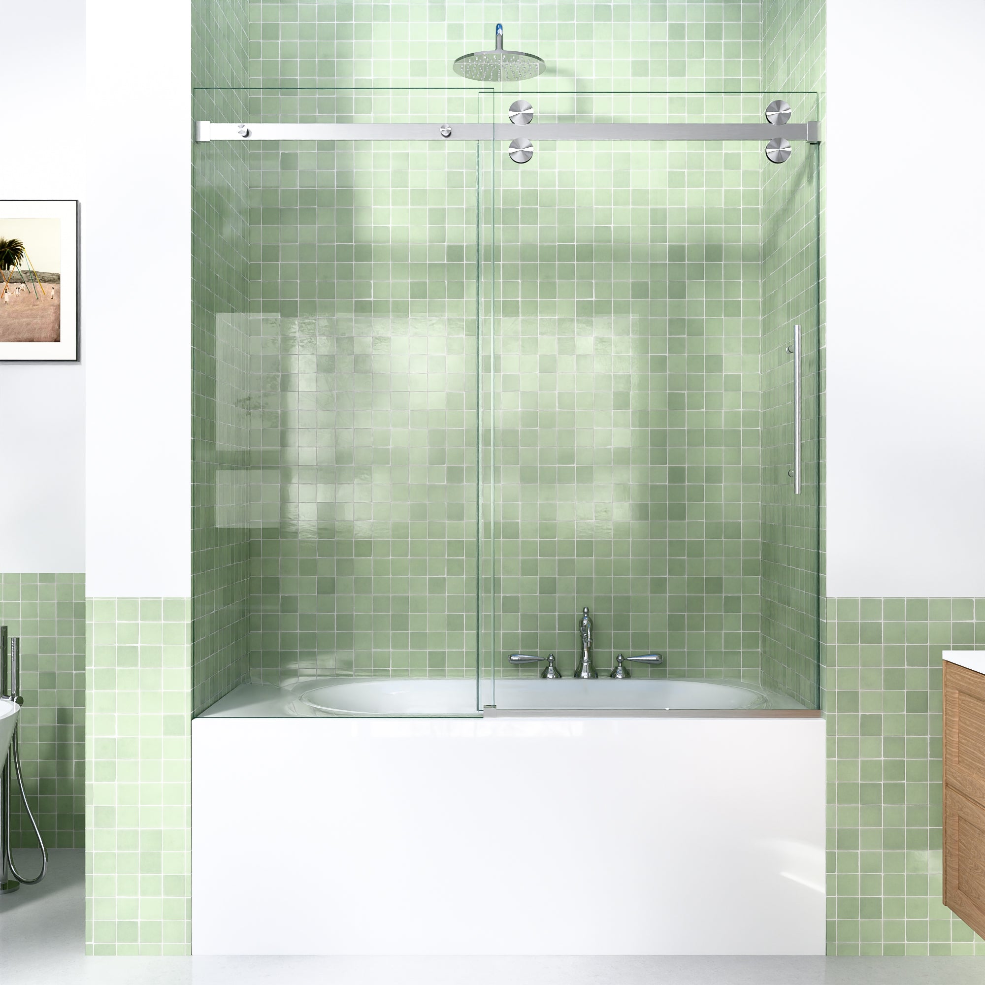 56-60"W x 60"H Frameless Double Sliding Tub Shower Door Enclosure, 5/16 inches (8mm) Thick SGCC Tempered Glass