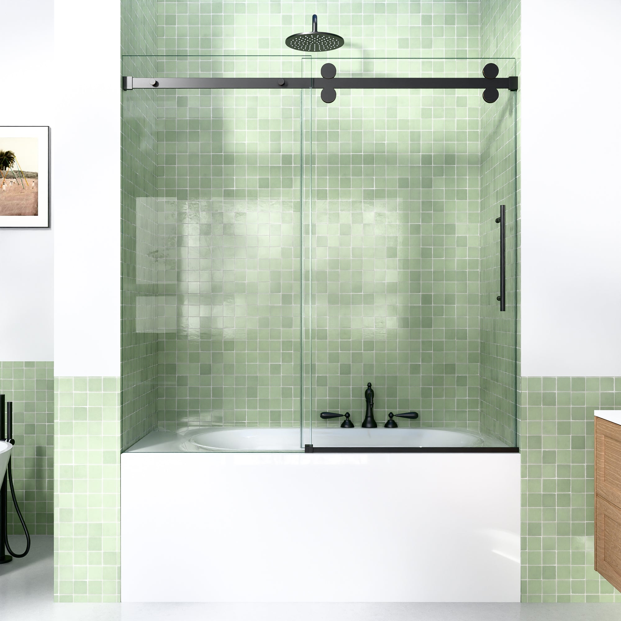 56-60"W x 60"H Frameless Double Sliding Tub Shower Door Enclosure, 5/16 inches (8mm) Thick SGCC Tempered Glass