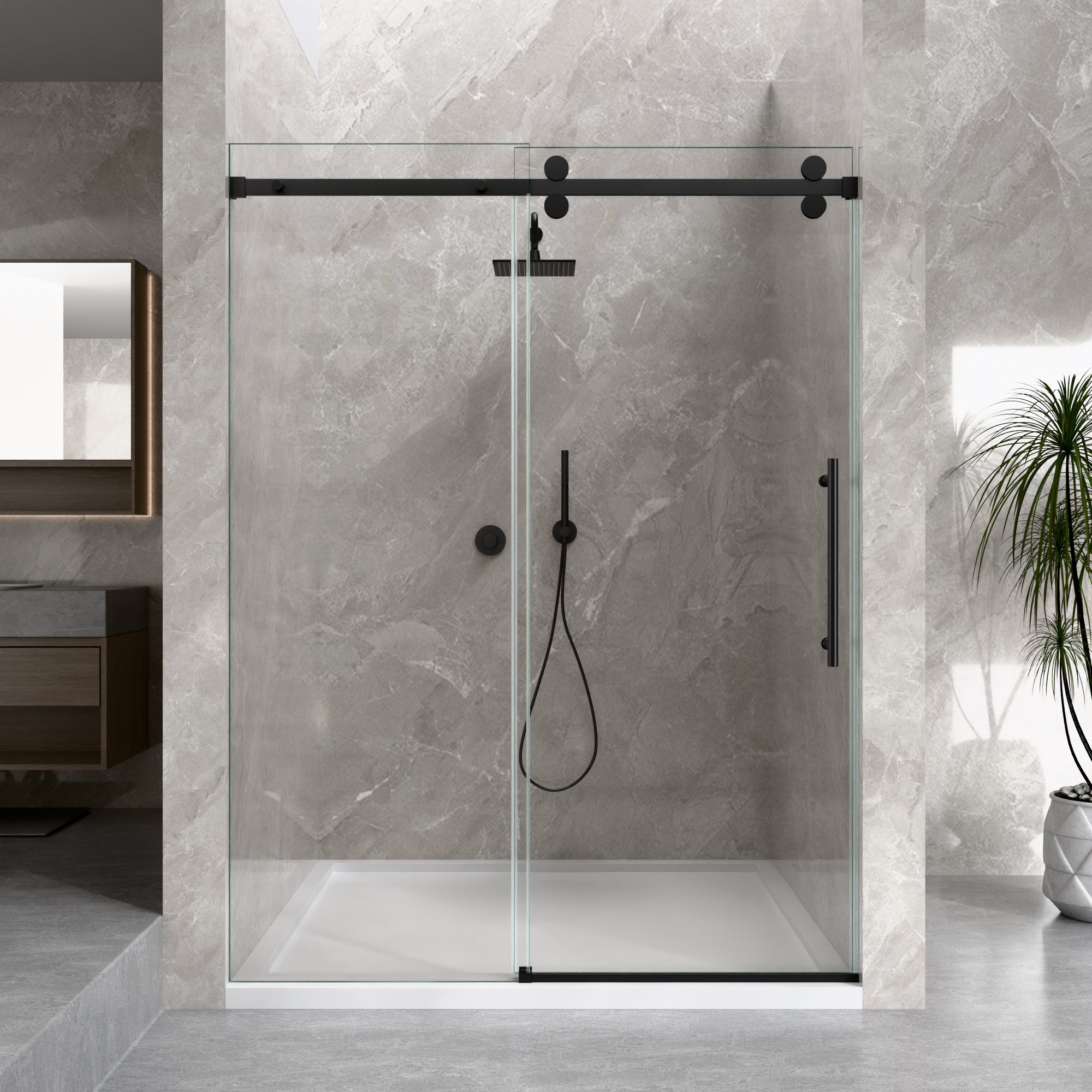 SD05-4 Frameless Single Sliding Shower Door Hardware Kits With Slim Square Rails & Four Rollers