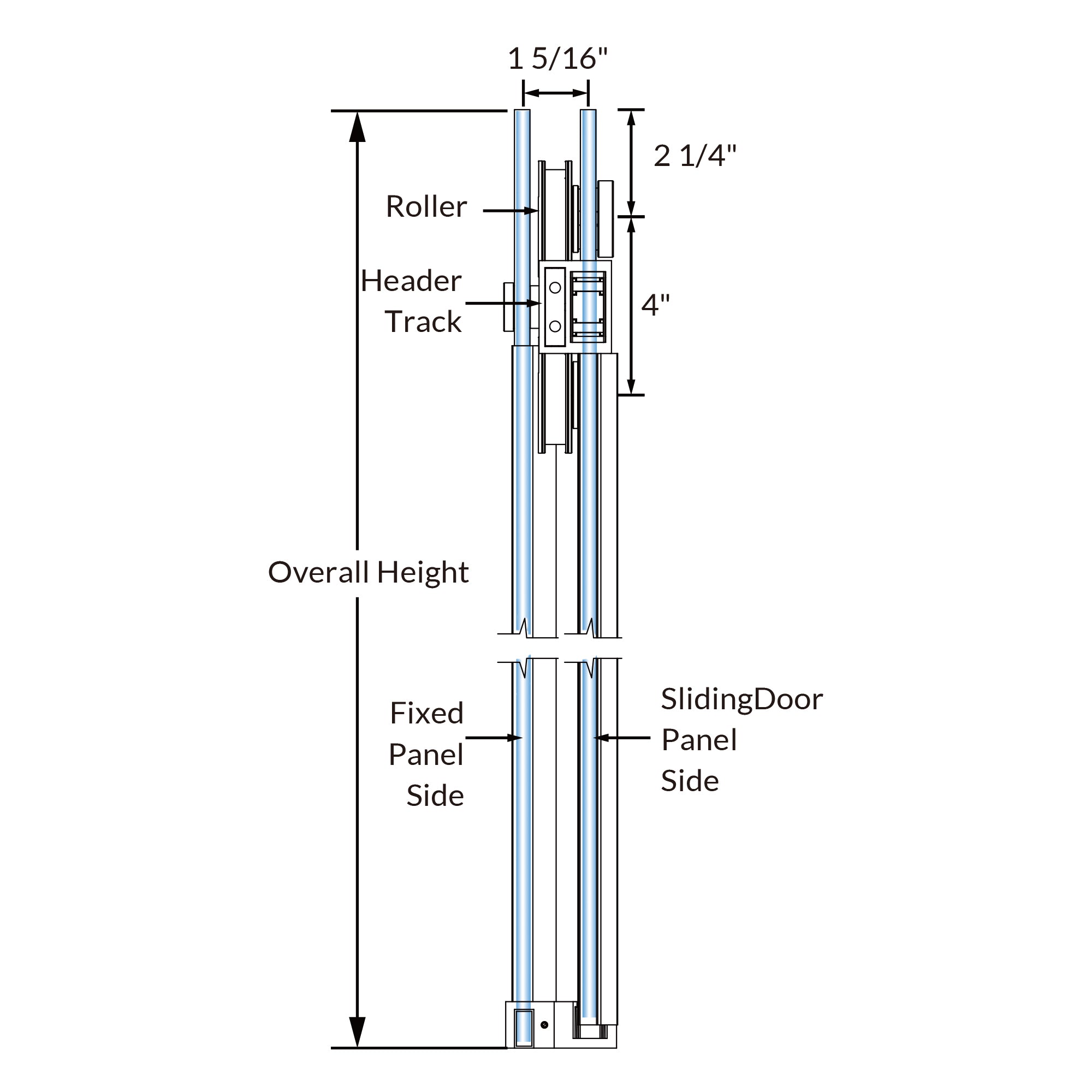 SD05-4 Frameless Single Sliding Shower Door Hardware Kits With Slim Square Rails & Four Rollers