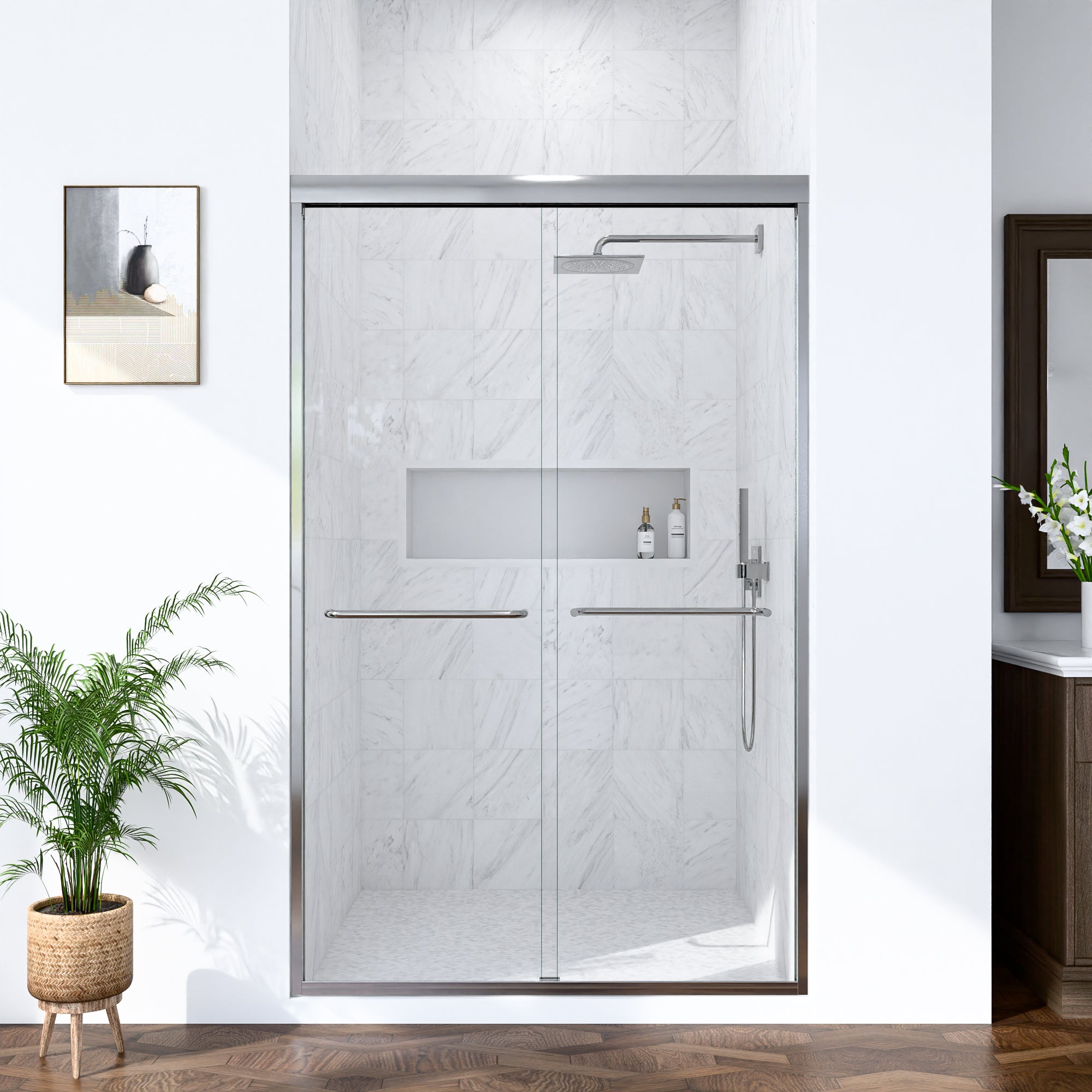 44"-48"W*72" H Semi-Frameless Double Sliding Shower Door, Bypass Shower Door, 1/4" (6mm) Thick SGCC Tempered Glass Door