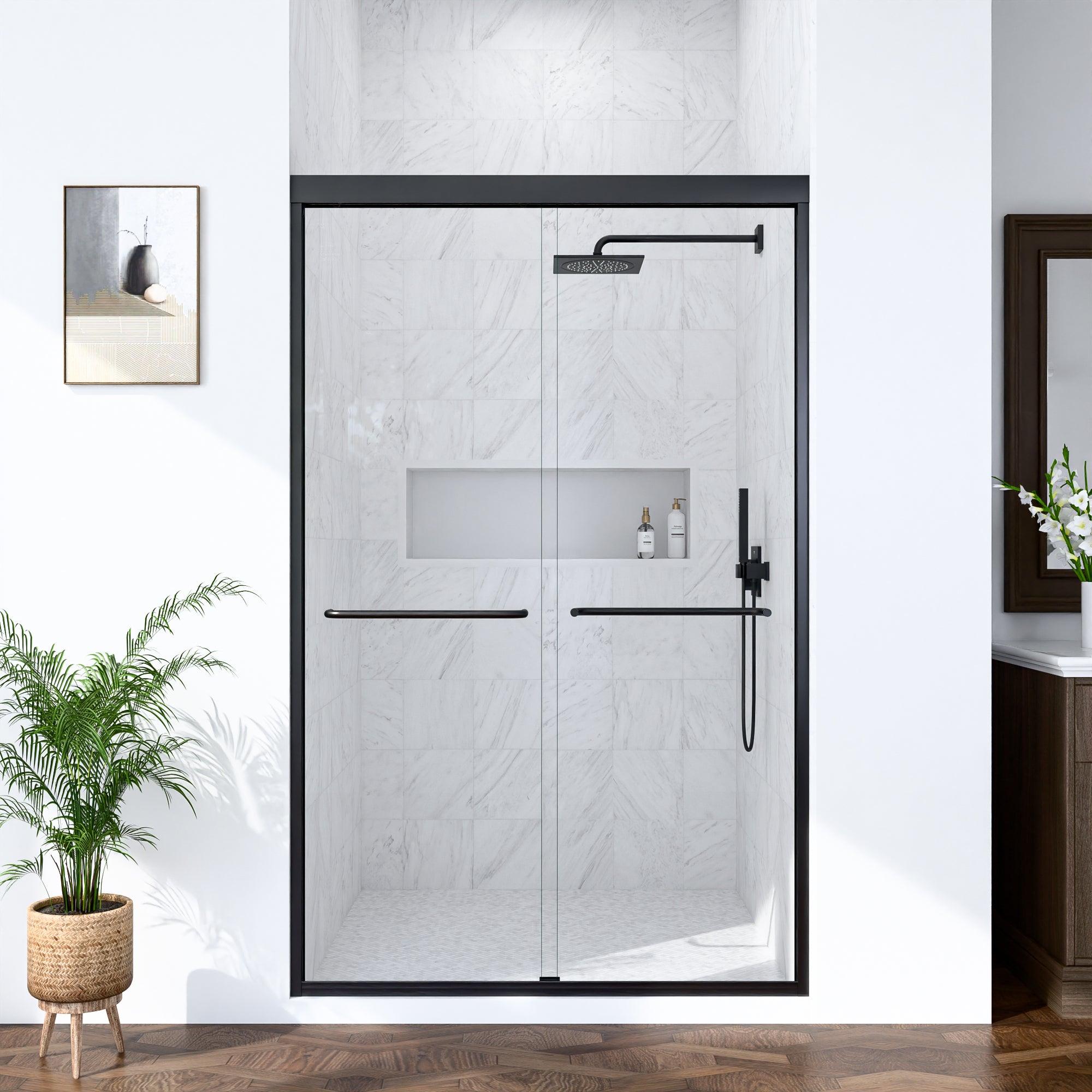 44"-48"W*72" H Semi-Frameless Double Sliding Shower Door, Bypass Shower Door, 1/4" (6mm) Thick SGCC Tempered Glass Door