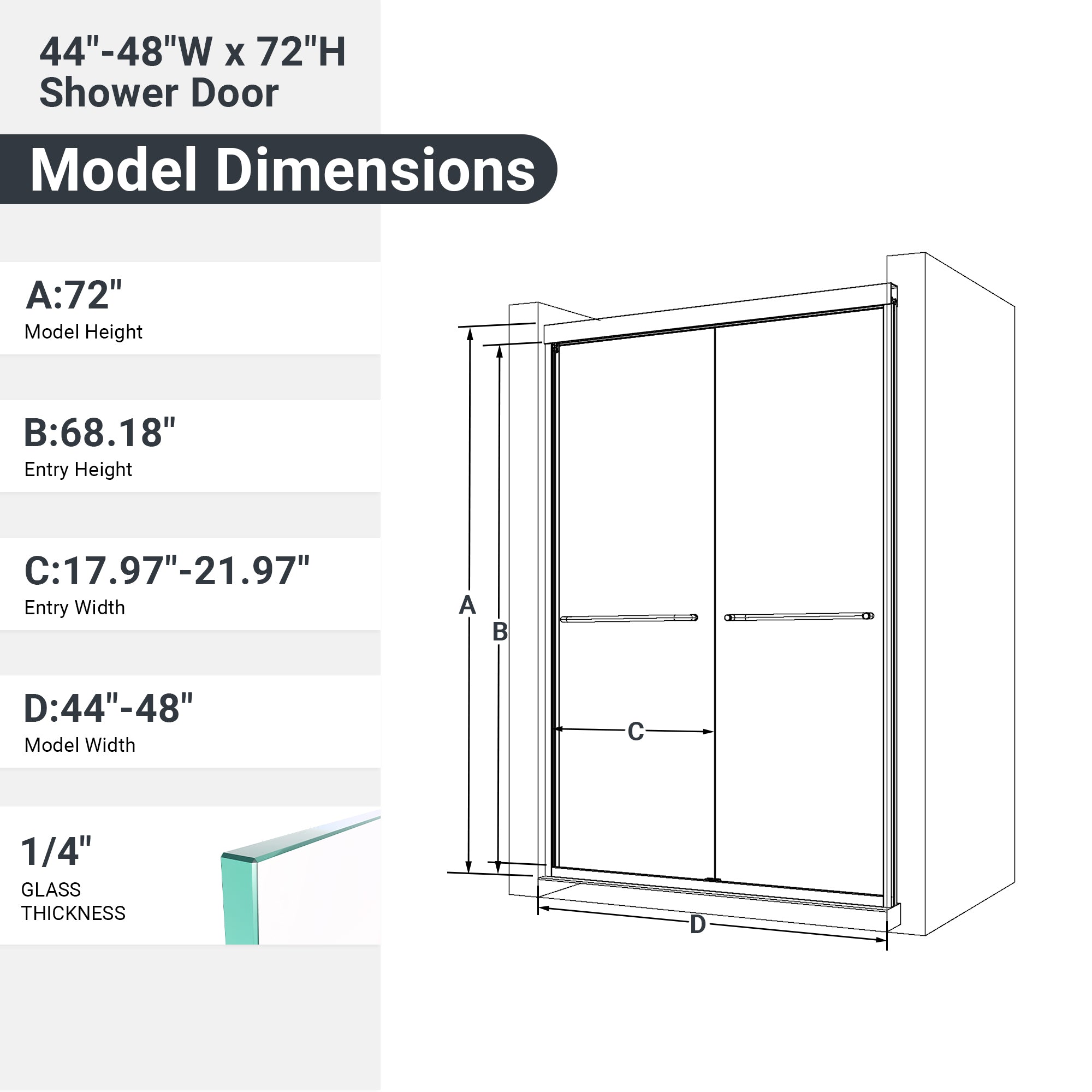 44"-48"W*72" H Semi-Frameless Double Sliding Shower Door, Bypass Shower Door, 1/4" (6mm) Thick SGCC Tempered Glass Door