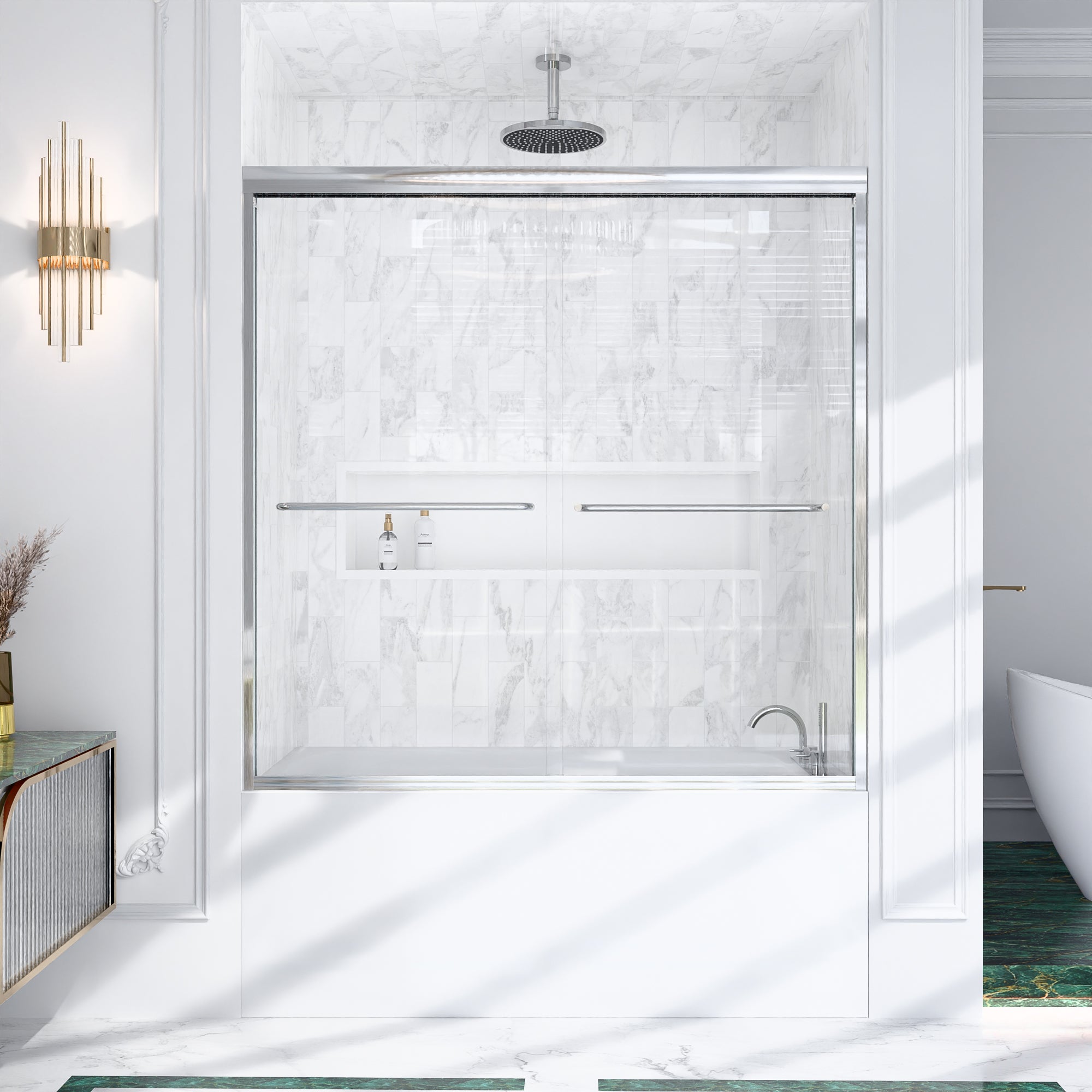 56"-60"W*60" H Semi-Frameless Double Sliding Shower Door, Bypass Shower Door, 1/4" (6mm) Thick SGCC Tempered Glass Door