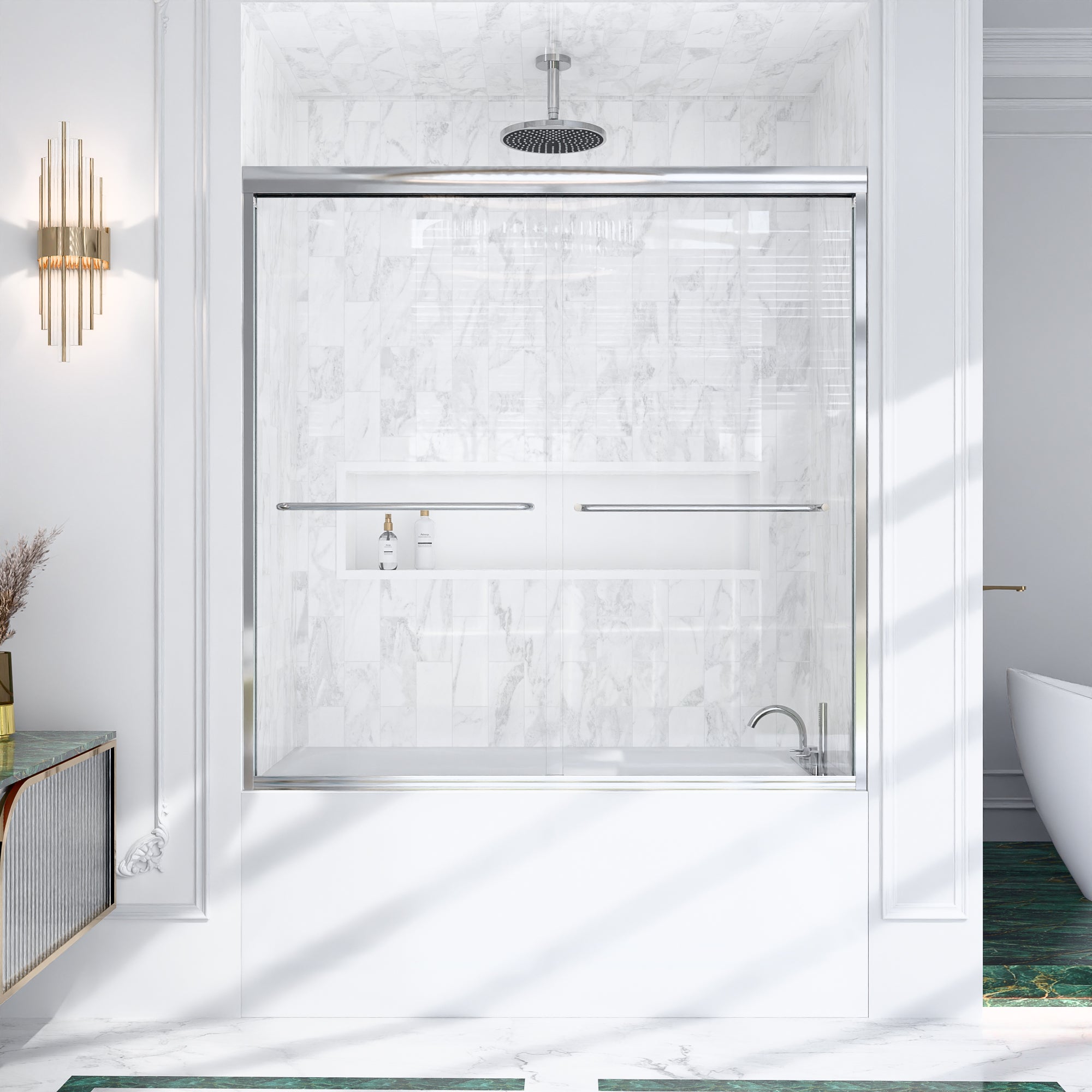 56"-60"W*60" H Semi-Frameless Double Sliding Shower Door, Bypass Shower Door, 1/4" (6mm) Thick SGCC Tempered Glass Door
