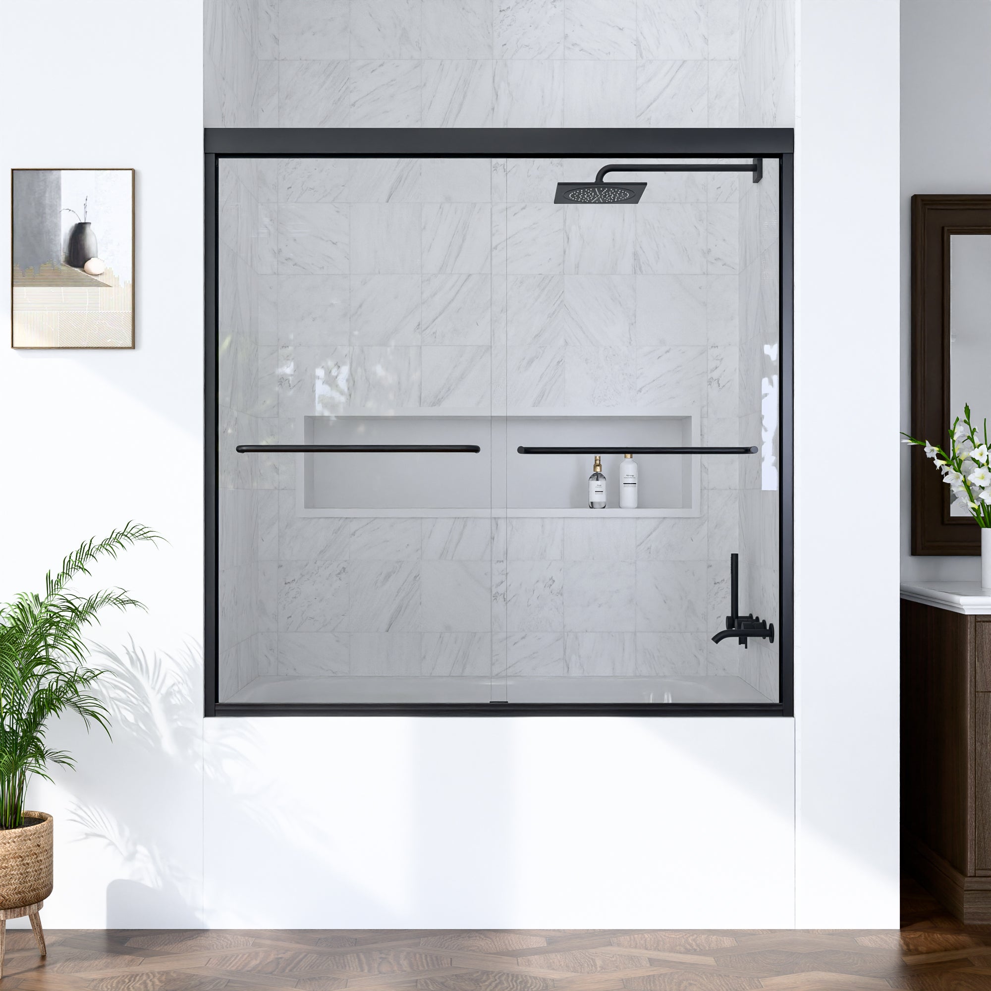 56"-60"W*60" H Semi-Frameless Double Sliding Shower Door, Bypass Shower Door, 1/4" (6mm) Thick SGCC Tempered Glass Door