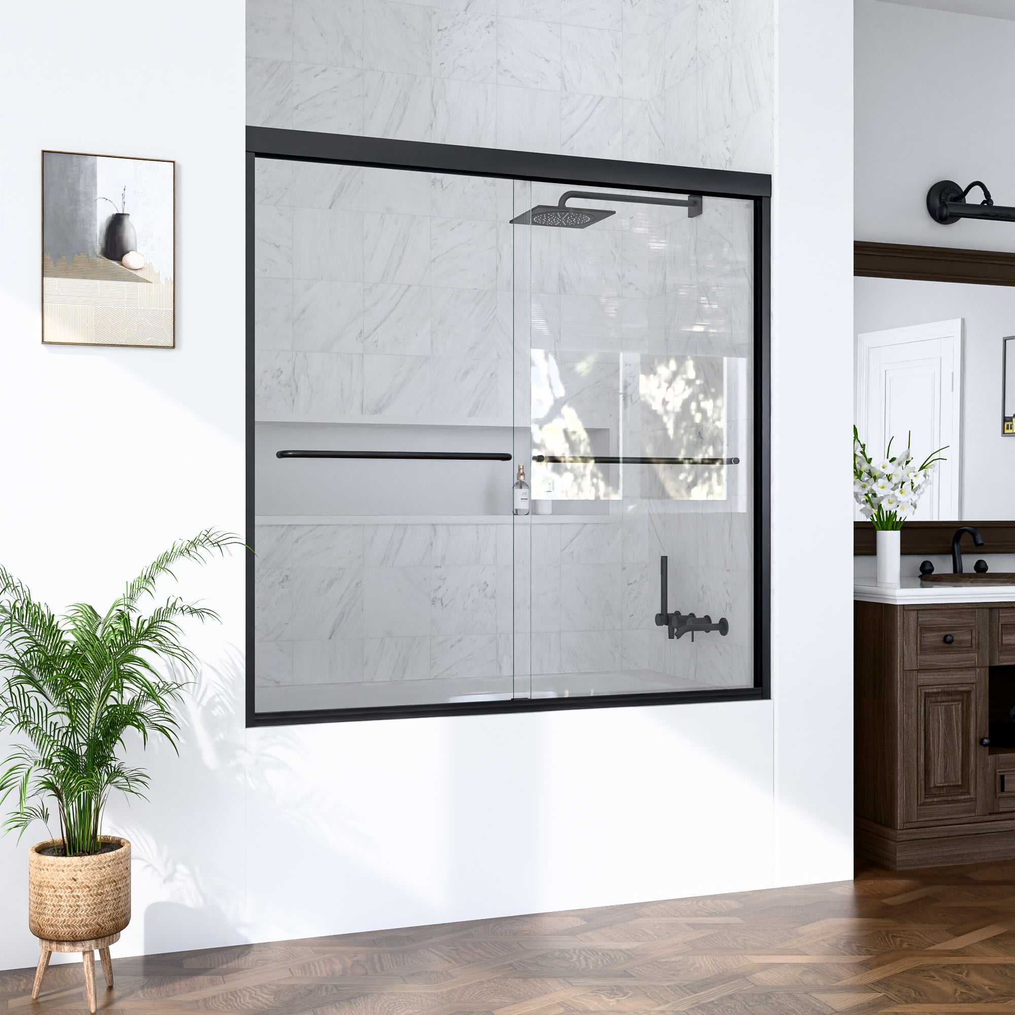 56"-60"W*60" H Semi-Frameless Double Sliding Shower Door, Bypass Shower Door, 1/4" (6mm) Thick SGCC Tempered Glass Door