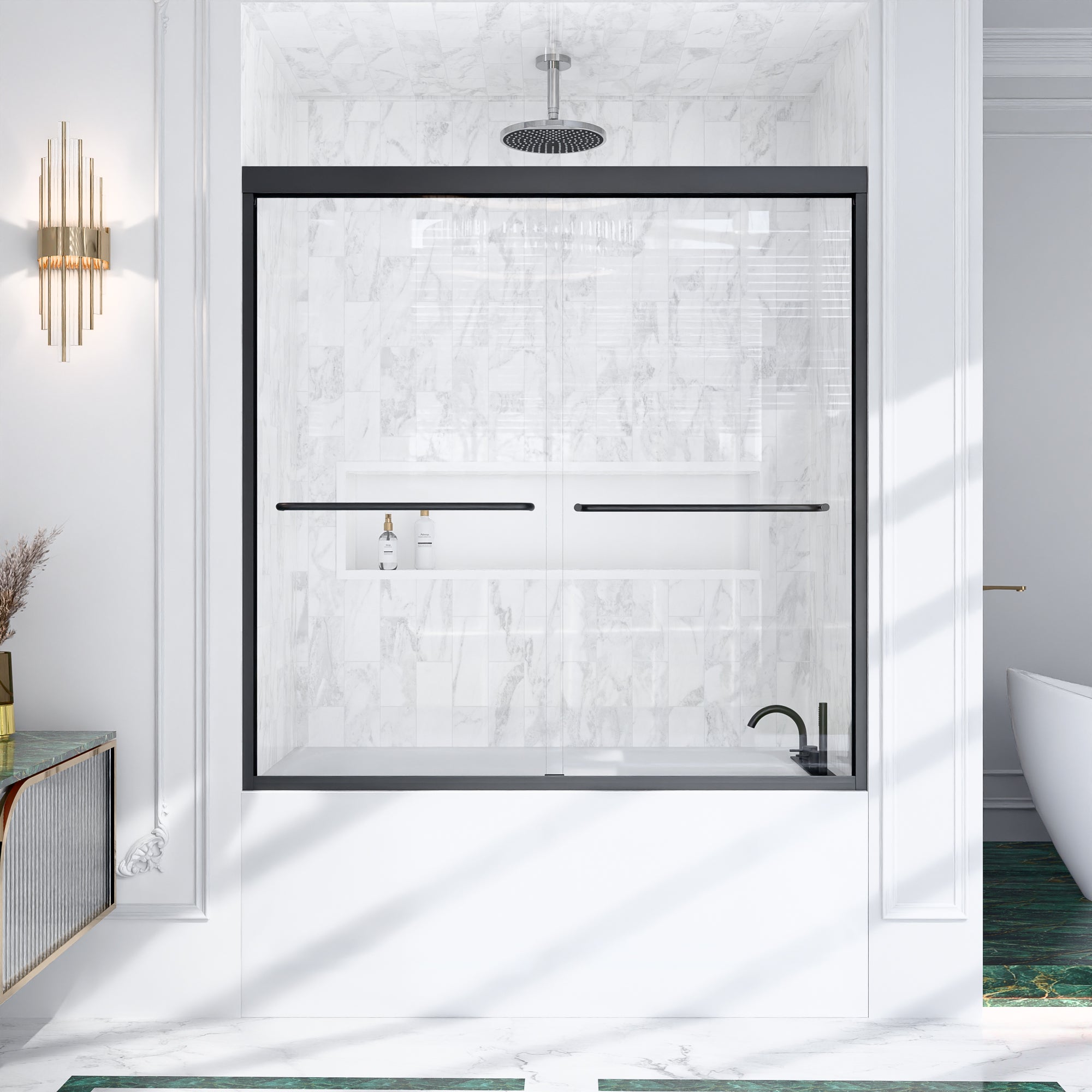 56"-60"W*60" H Semi-Frameless Double Sliding Shower Door, Bypass Shower Door, 1/4" (6mm) Thick SGCC Tempered Glass Door