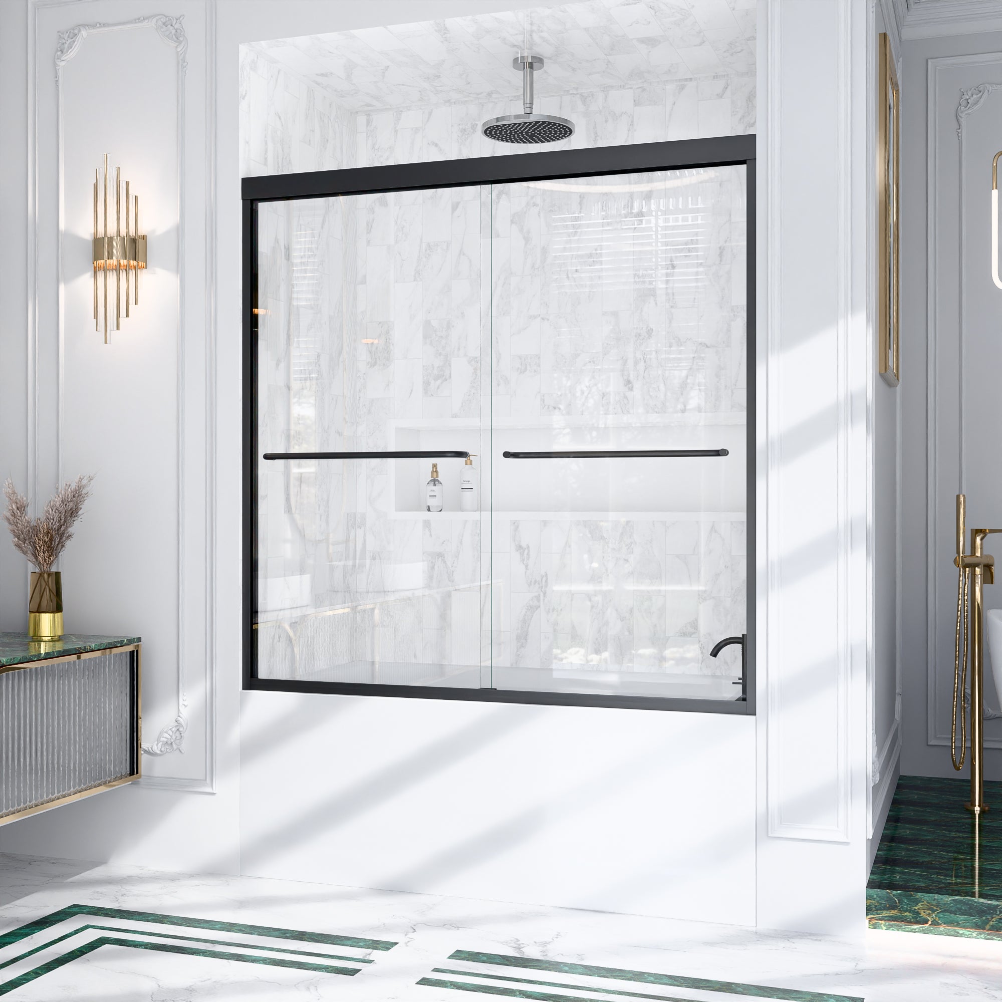 56"-60"W*60" H Semi-Frameless Double Sliding Shower Door, Bypass Shower Door, 1/4" (6mm) Thick SGCC Tempered Glass Door