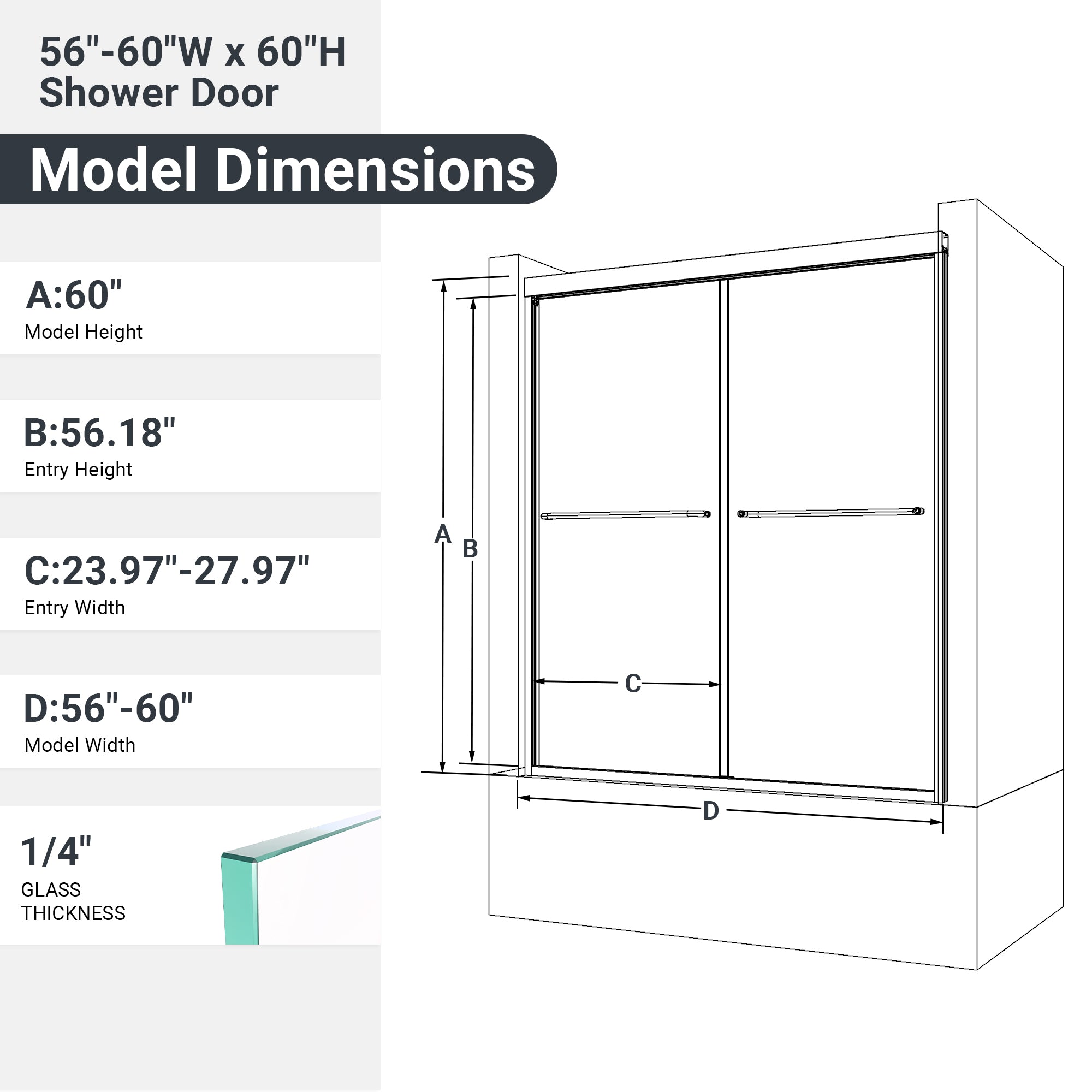 56"-60"W*60" H Semi-Frameless Double Sliding Shower Door, Bypass Shower Door, 1/4" (6mm) Thick SGCC Tempered Glass Door