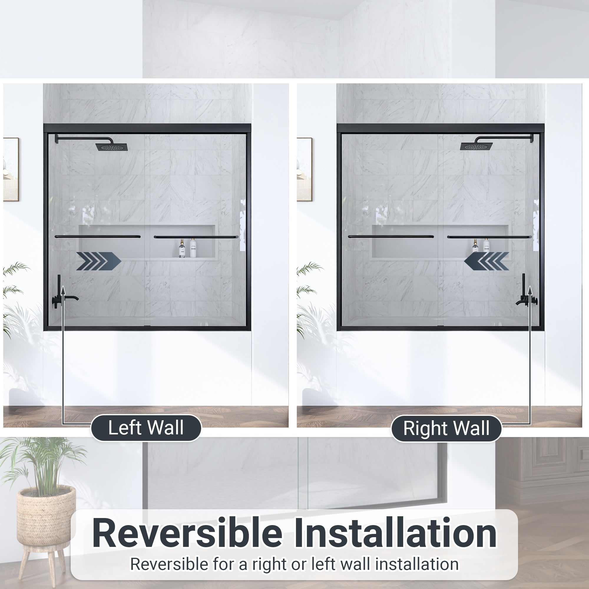 56"-60"W*60" H Semi-Frameless Double Sliding Shower Door, Bypass Shower Door, 1/4" (6mm) Thick SGCC Tempered Glass Door