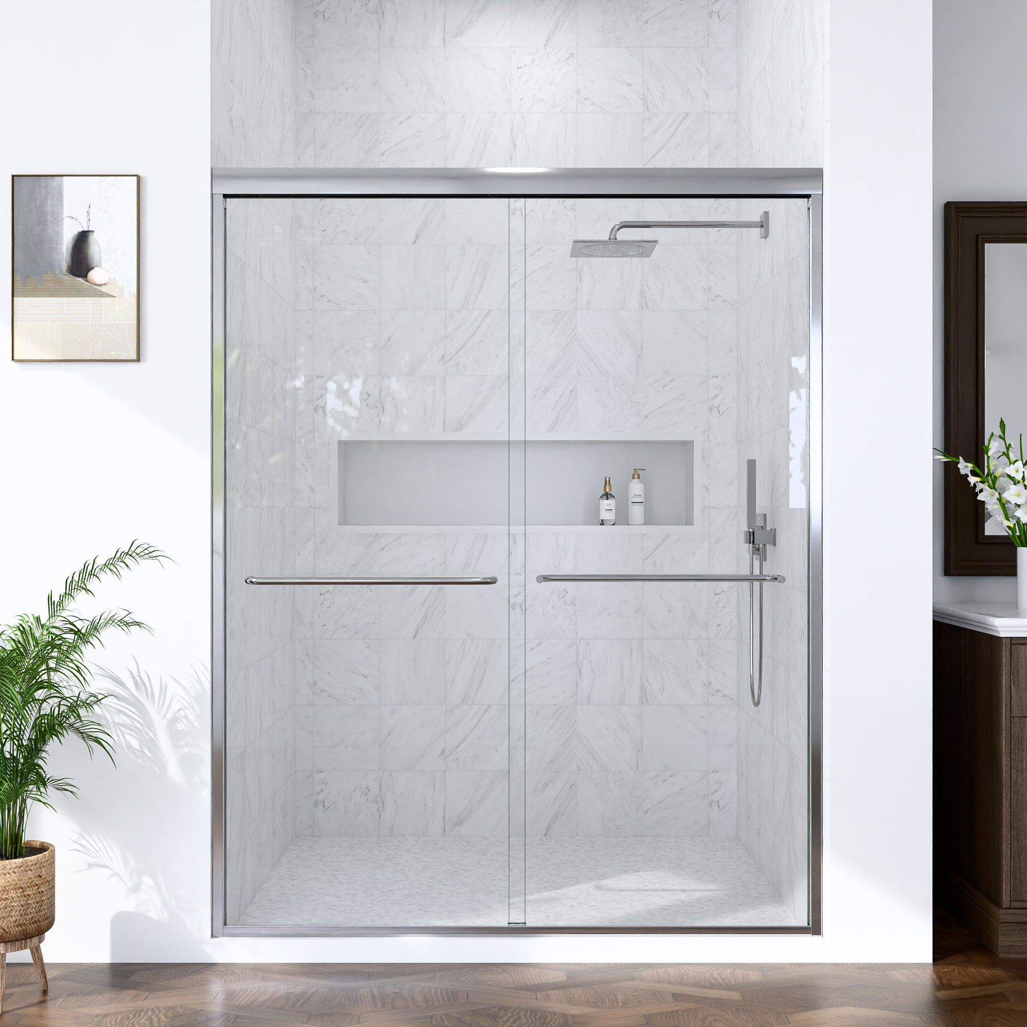 56"-60"W*72" H Semi-Frameless Double Sliding Shower Door, Bypass Shower Door, 1/4" (6mm) Thick SGCC Tempered Glass Door