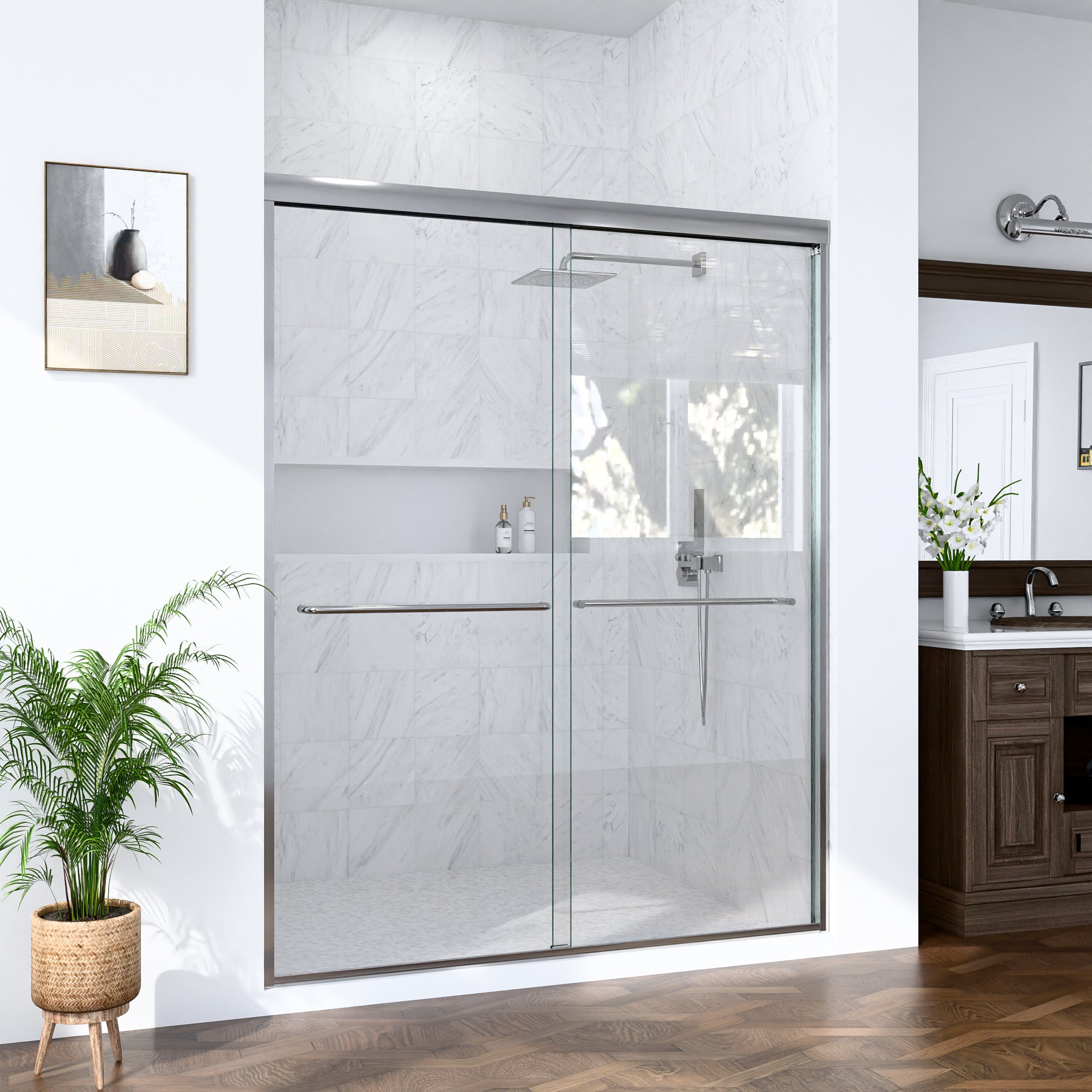 56"-60"W*72" H Semi-Frameless Double Sliding Shower Door, Bypass Shower Door, 1/4" (6mm) Thick SGCC Tempered Glass Door